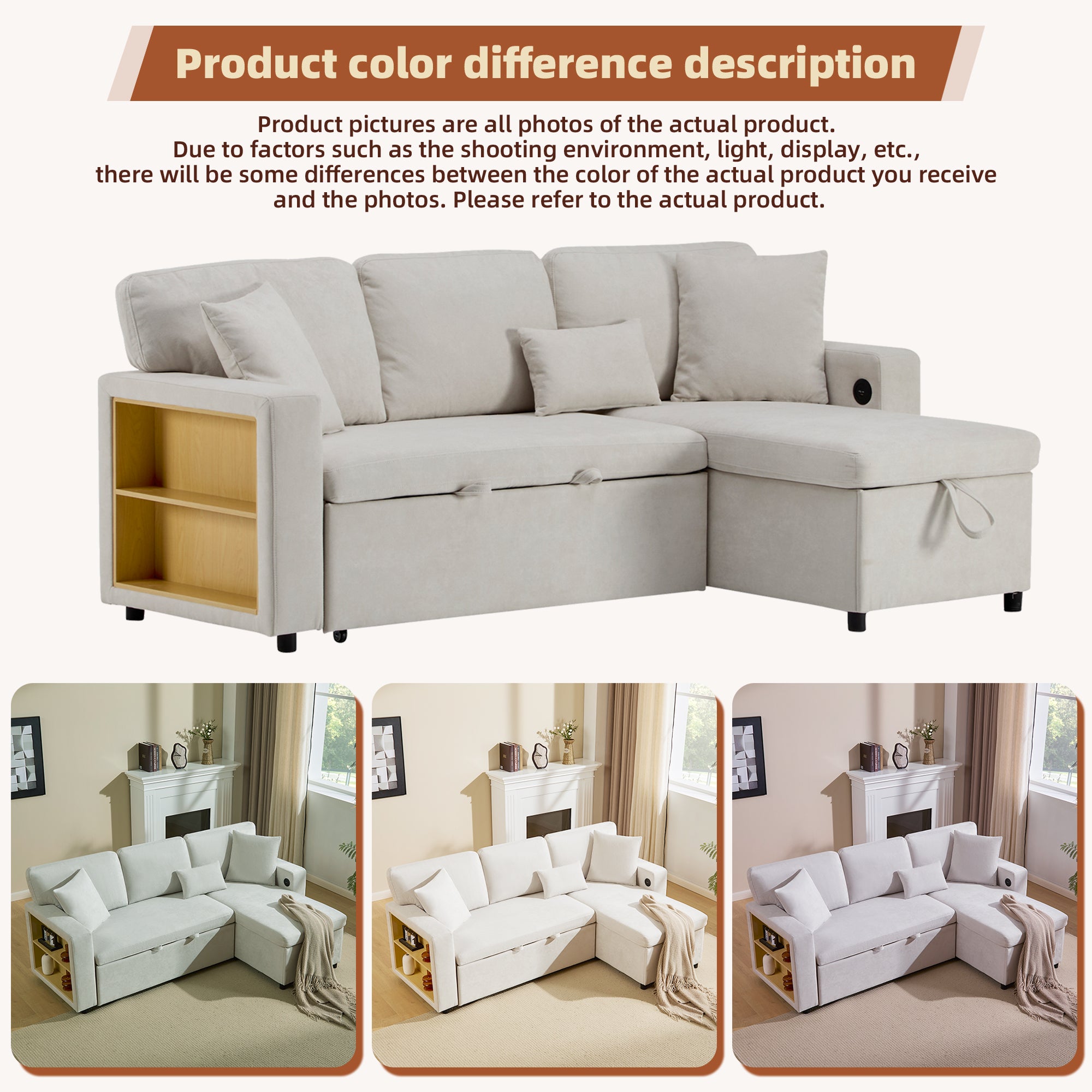 Corner Sofa Bed L-Shaped Extendable with Storage, Beige
