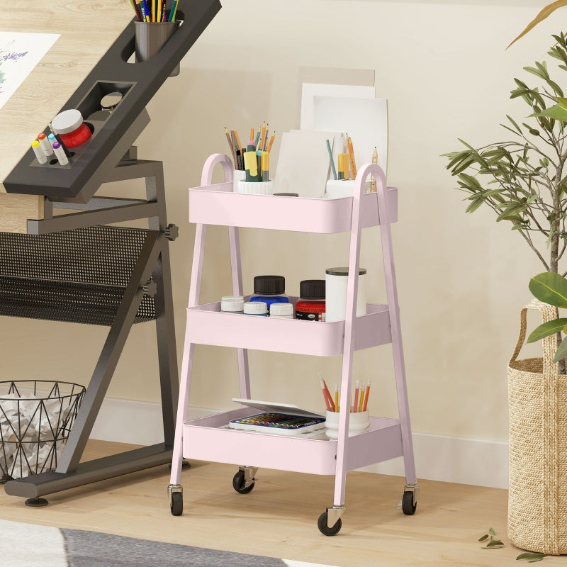Three-Tier Storage Trolley, Metal Frame Mesh Shelves, Pink