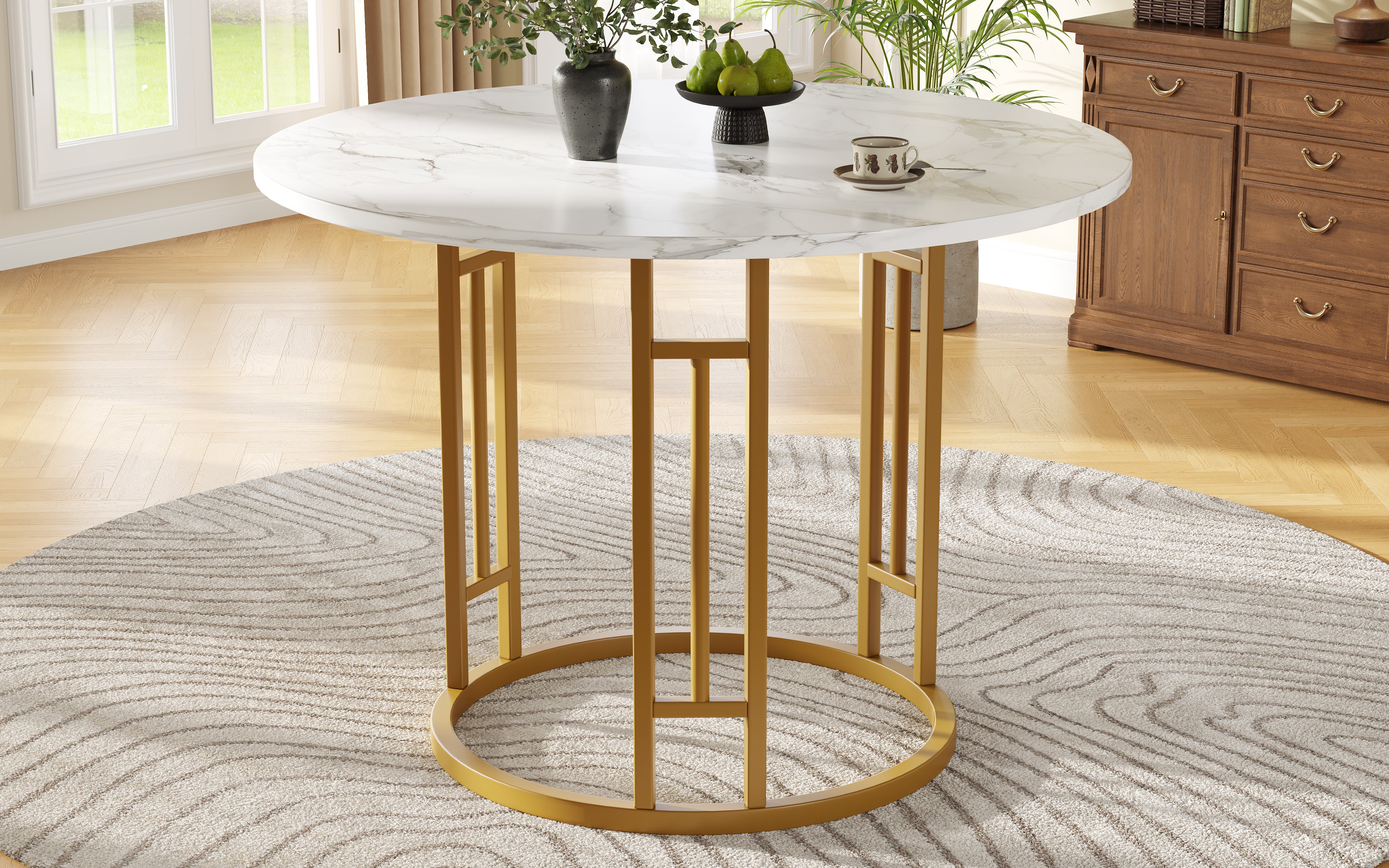 Round Dining Table 80cm, 4-Person, Metal Legs, MDF Marble, Gold