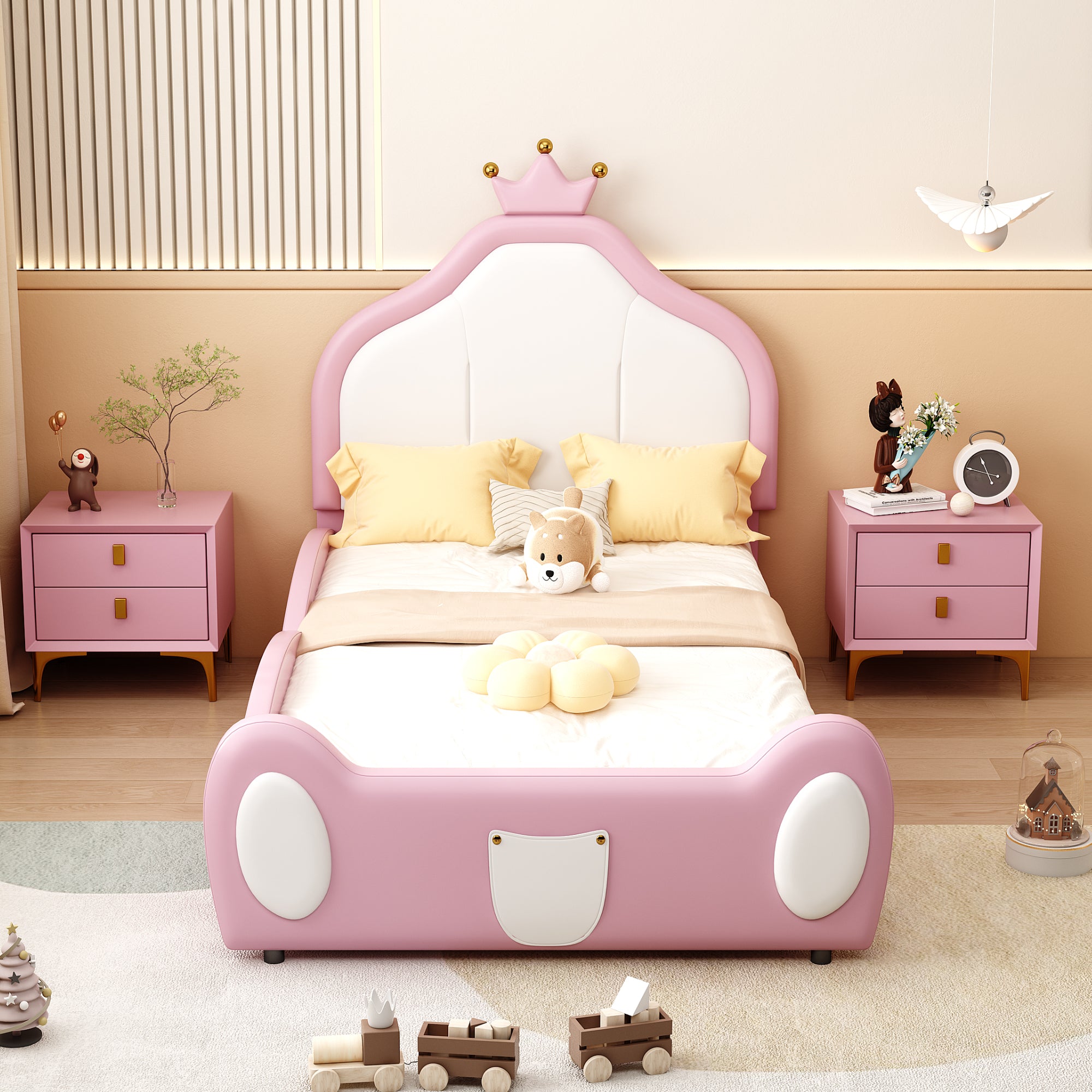 Upholstered Children's Bed 90x200cm Patchwork Design Faux Leather Pink