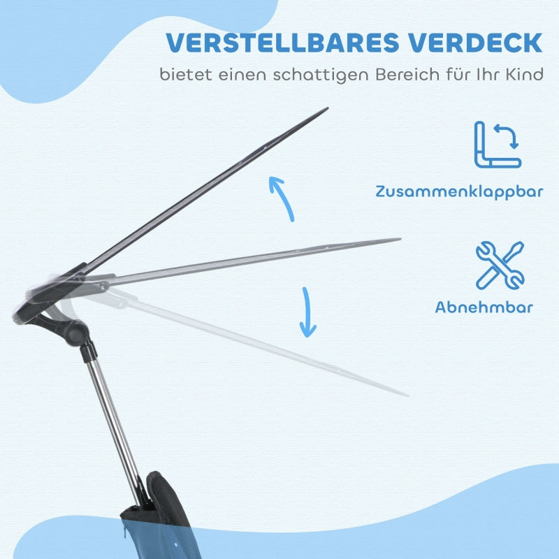 Children's tricycle 6-in-1 with push bar, canopy, belt, storage basket, dark blue