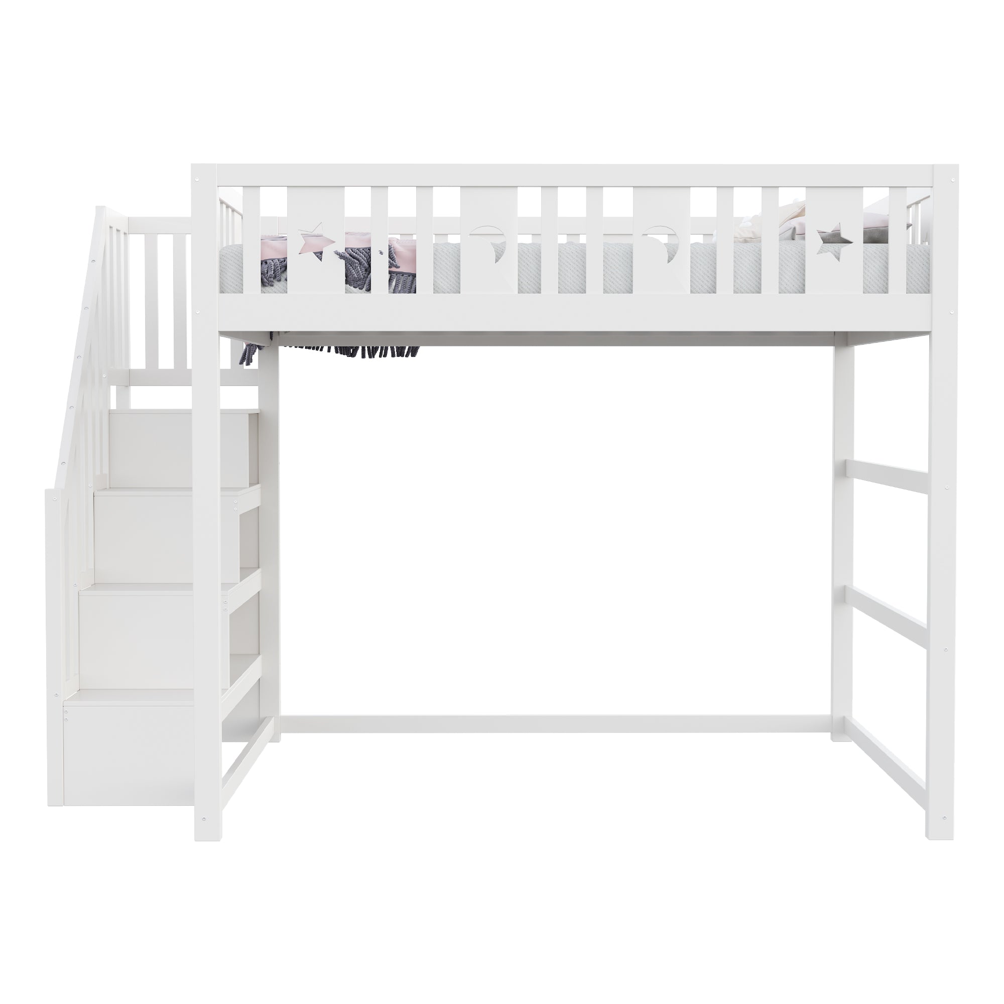 Children's Bunk Bed 140x200 Stairs Safety Railing, Solid Wood White