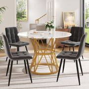 5-Piece Dining Set, Modern Round 100cm Table with 4 Chairs, MDF Marble Top/Grey Velvet