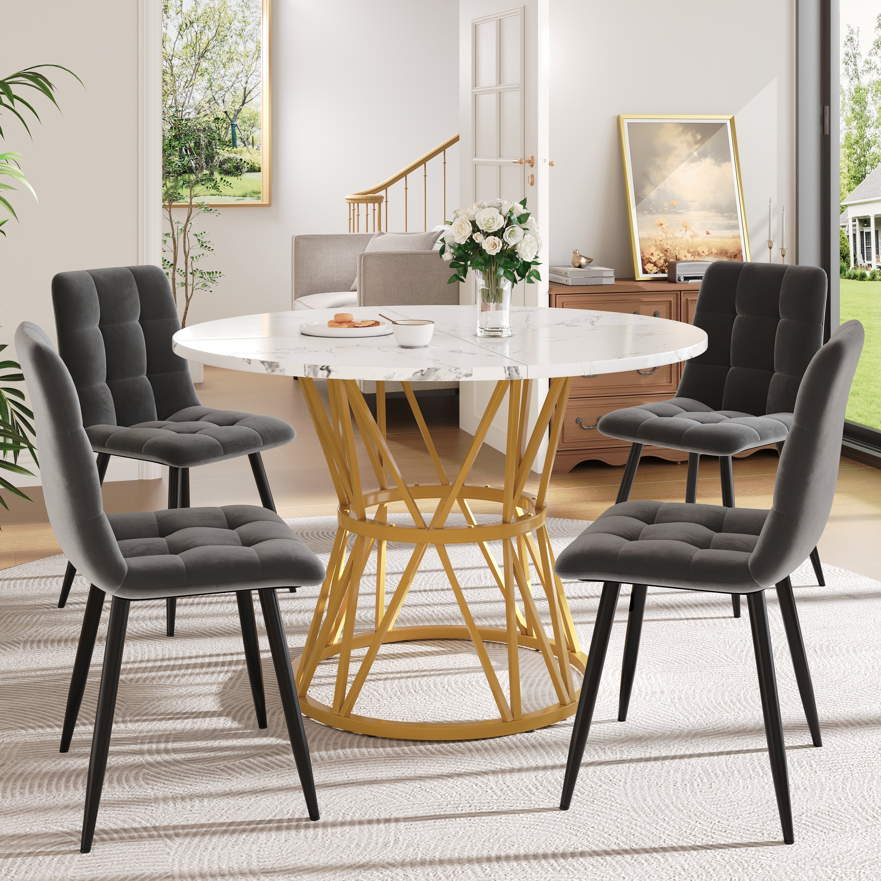 5-Piece Dining Set, Modern Round 100cm Table with 4 Chairs, MDF Marble Top/Grey Velvet