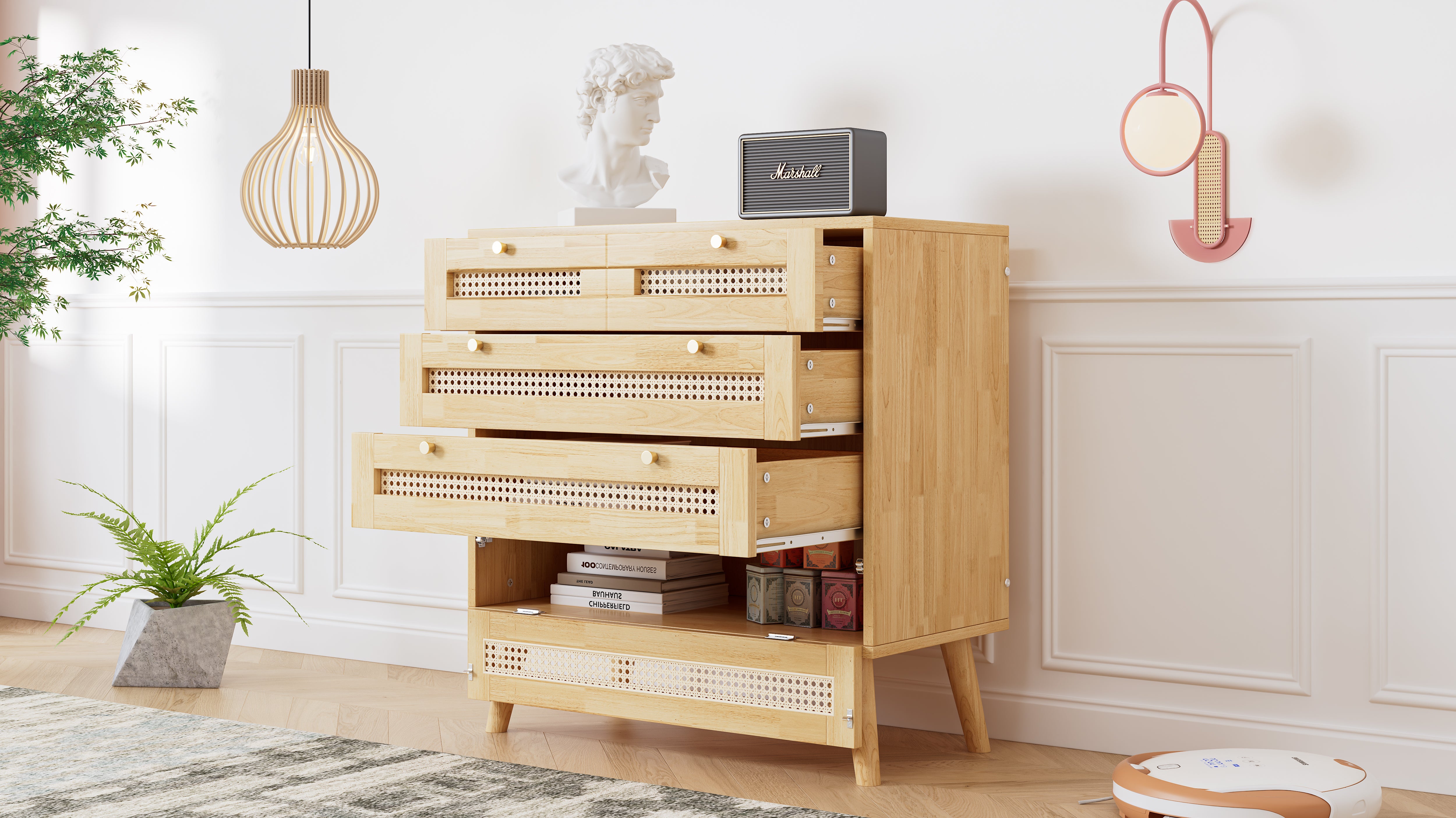Classic chest of drawers with 3 drawers, rattan drawer top, gold metal handle, wooden legs, chipboard