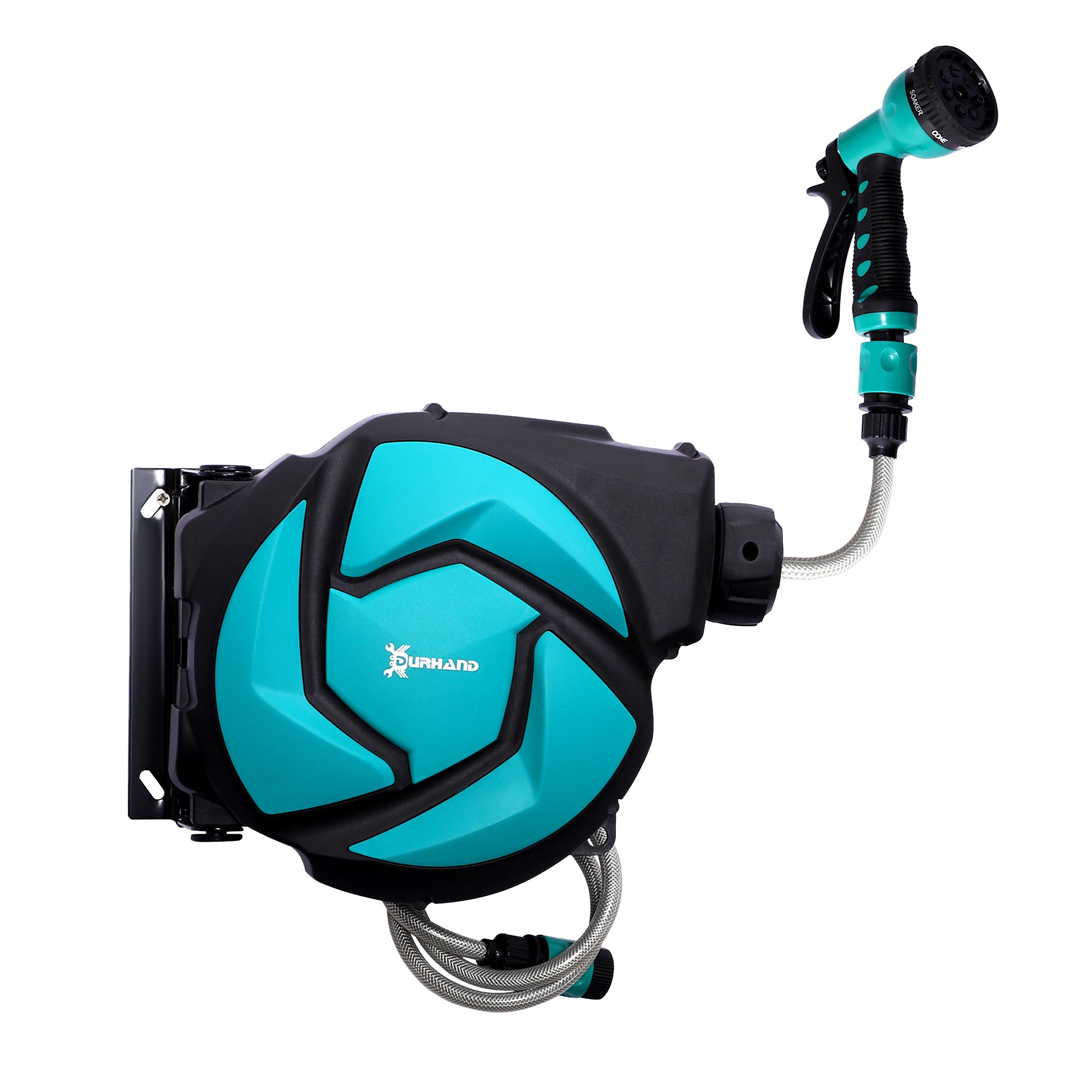 DURHAND wall-mounted hose reel 10m swiveling 180° with multi-spray, plastic green black