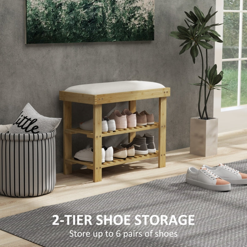 Bamboo Shoe Storage Bench, 3-Tier with Seat Cushion, Cream White