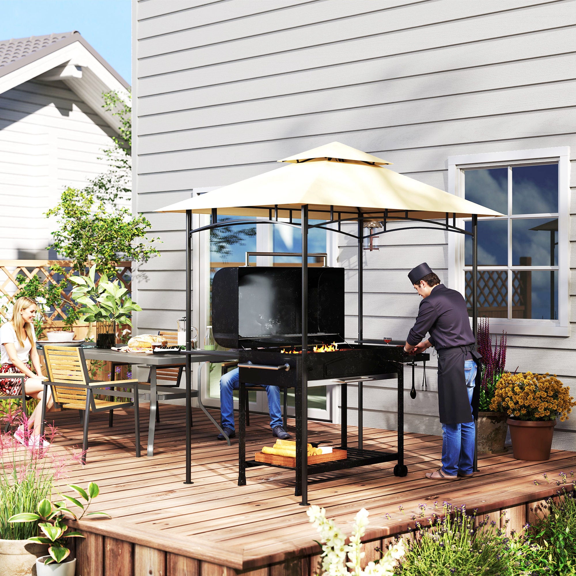 8' x 5' Grill Gazebo Double Tiered BBQ Shelter Canopy LED Lights Side Shelves Hooks Beige