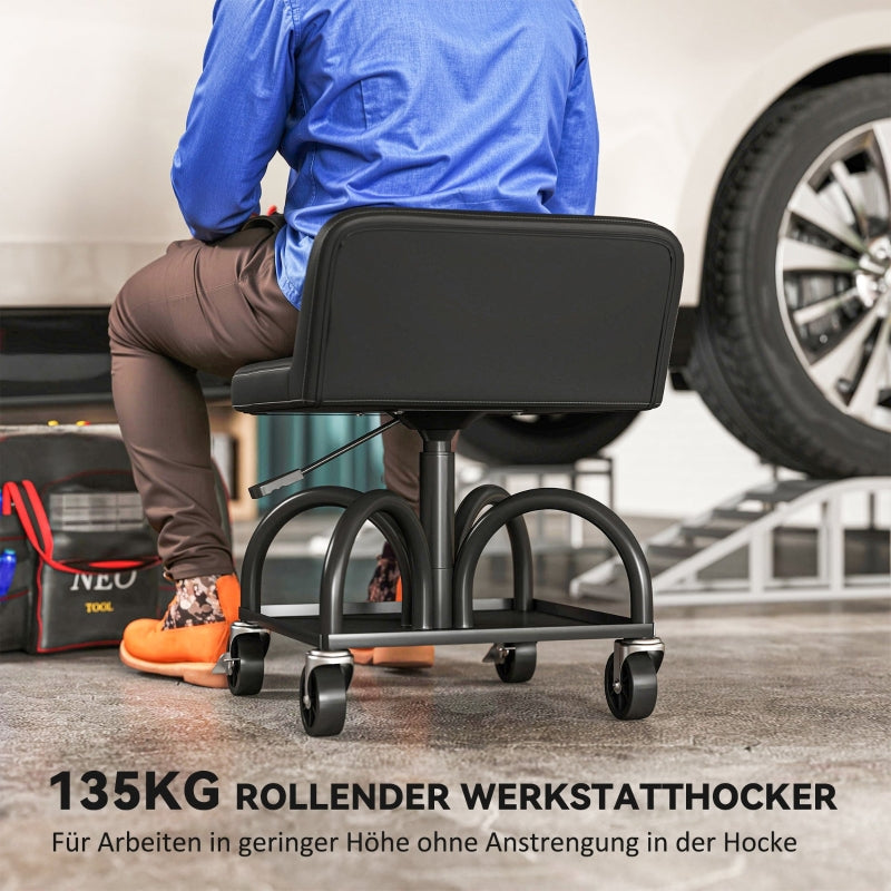 Workshop Stool with Wheels, Storage & Lumbar Support, 135 kg Load Capacity, Black
