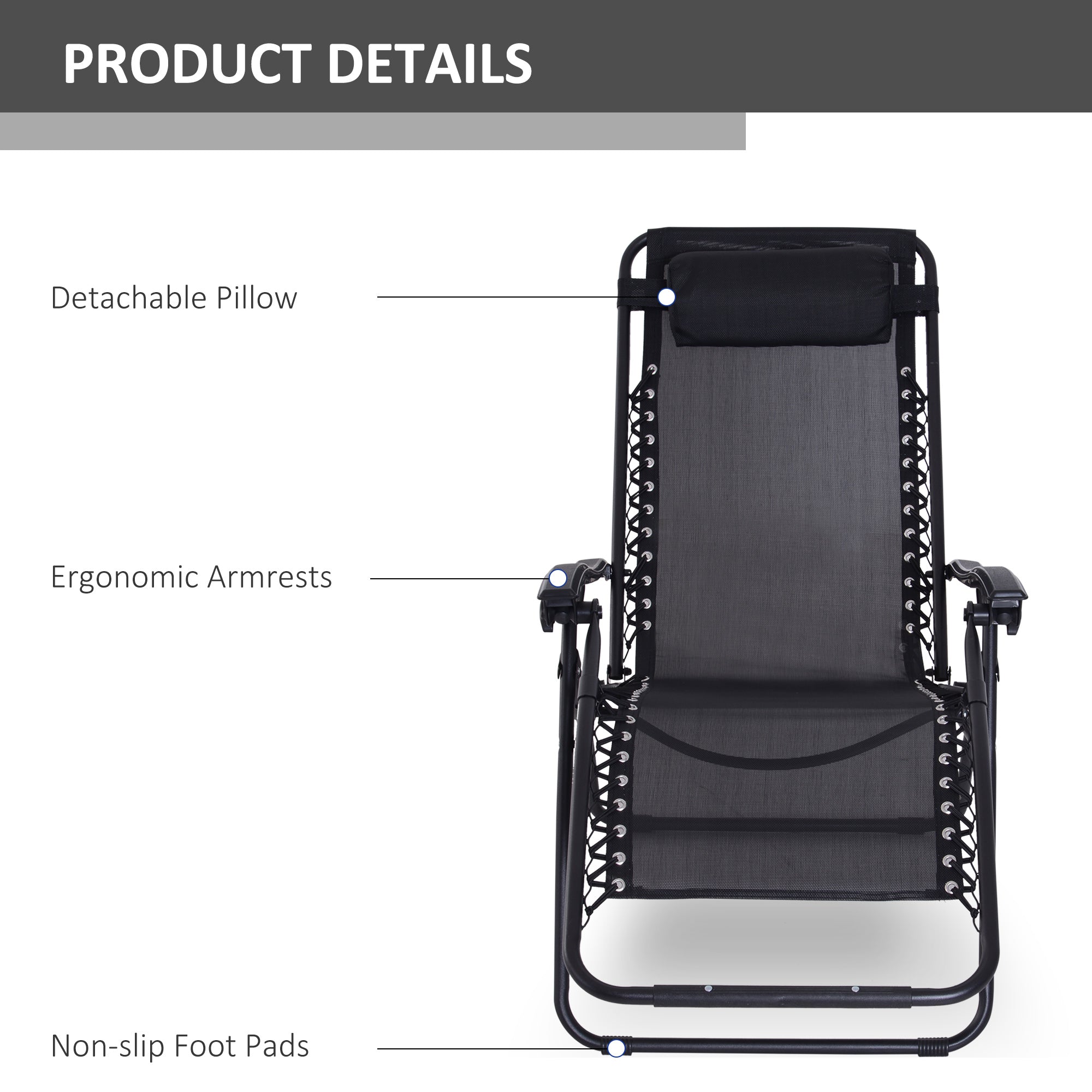 Zero Gravity Chair Folding and Reclining Sun Lounger with Head Pillow, Texteline Black