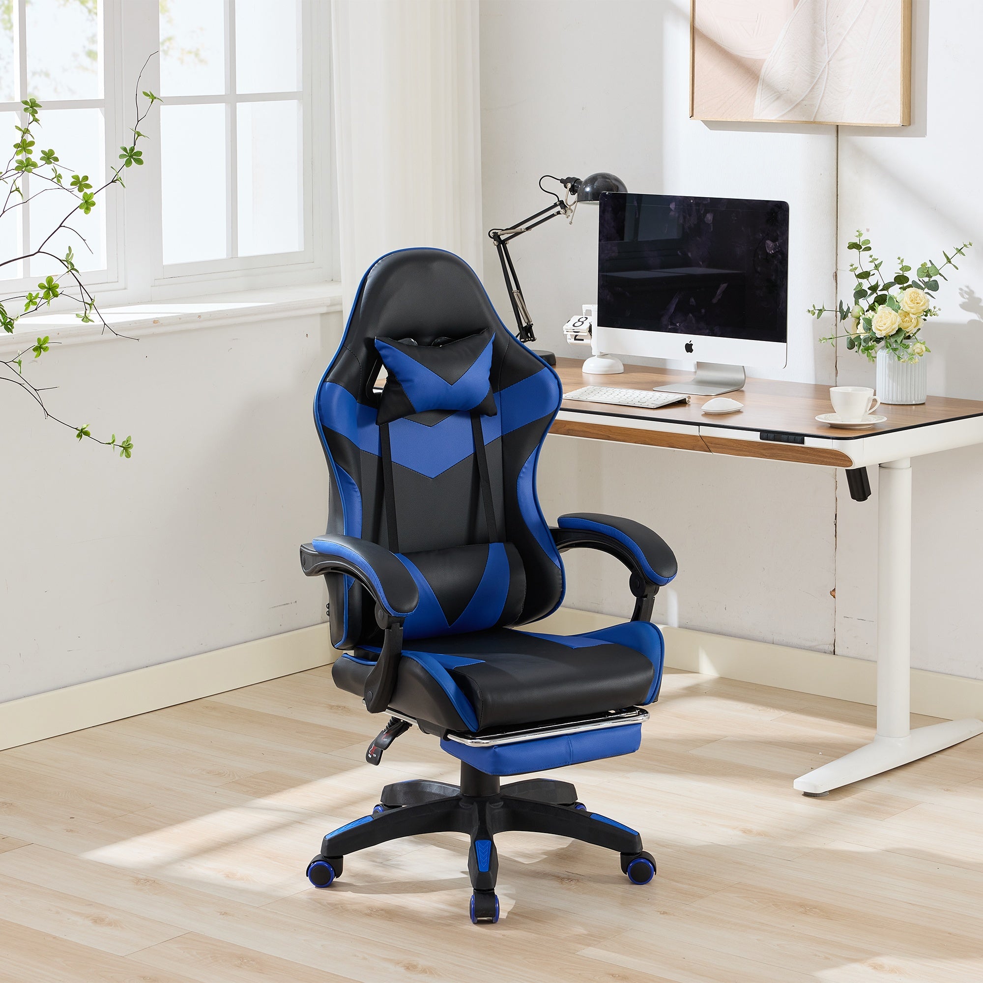 Gaming Chair with 360° Swivel, Footrest, Headrest, and Lumbar Support – Black & Blue Leather
