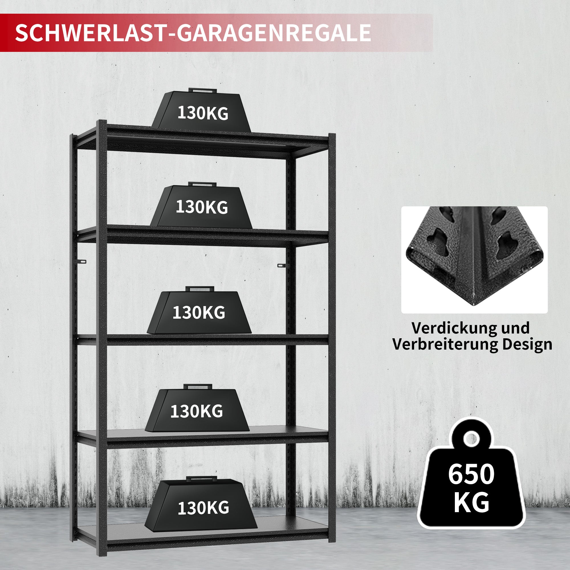 Heavy Duty Shelving Unit, 5 Shelves 650kg Load Capacity Height-Adjustable, Metal Black