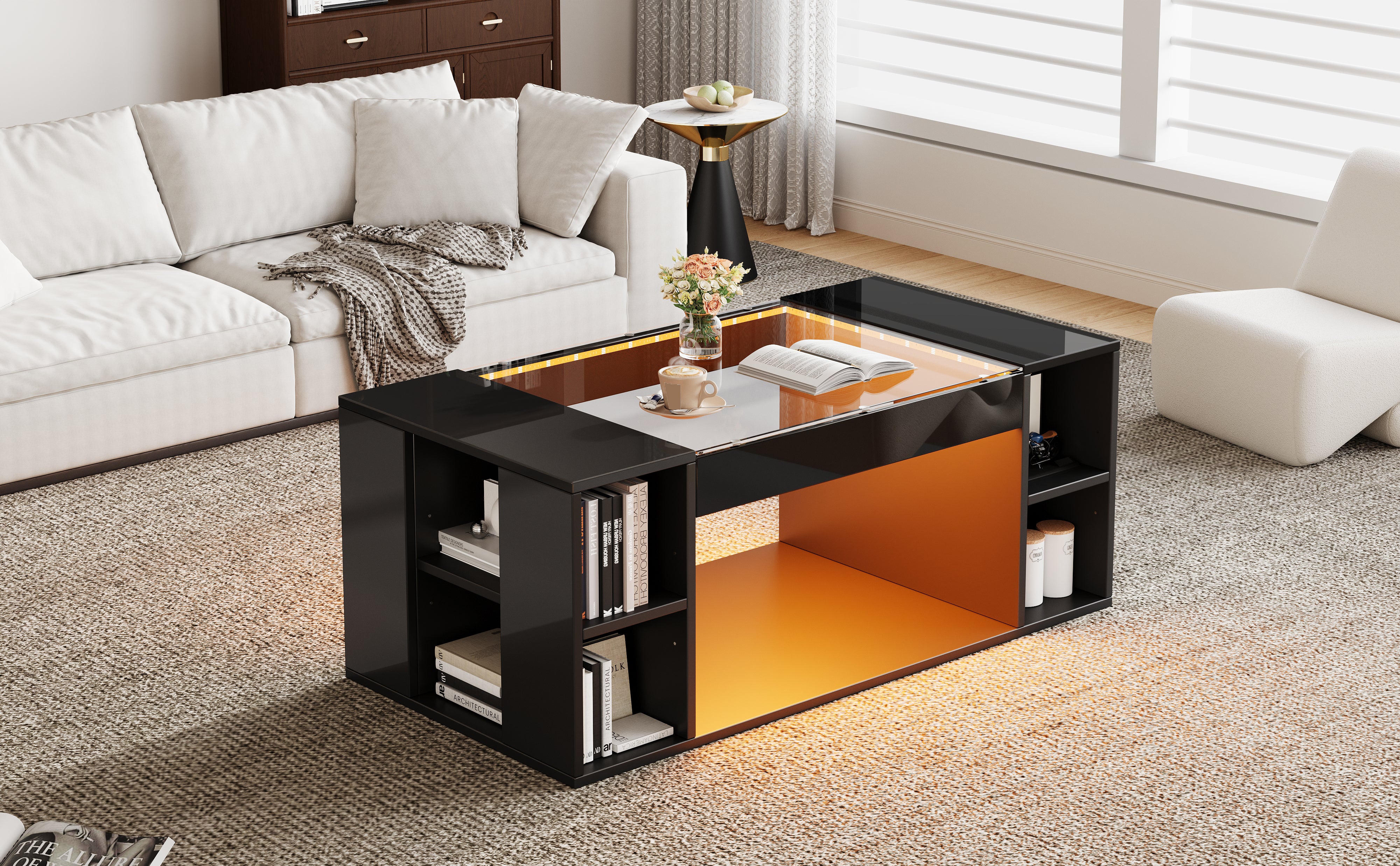 Coffee Table 100x50x40cm LED High-Gloss Tempered Glass Black