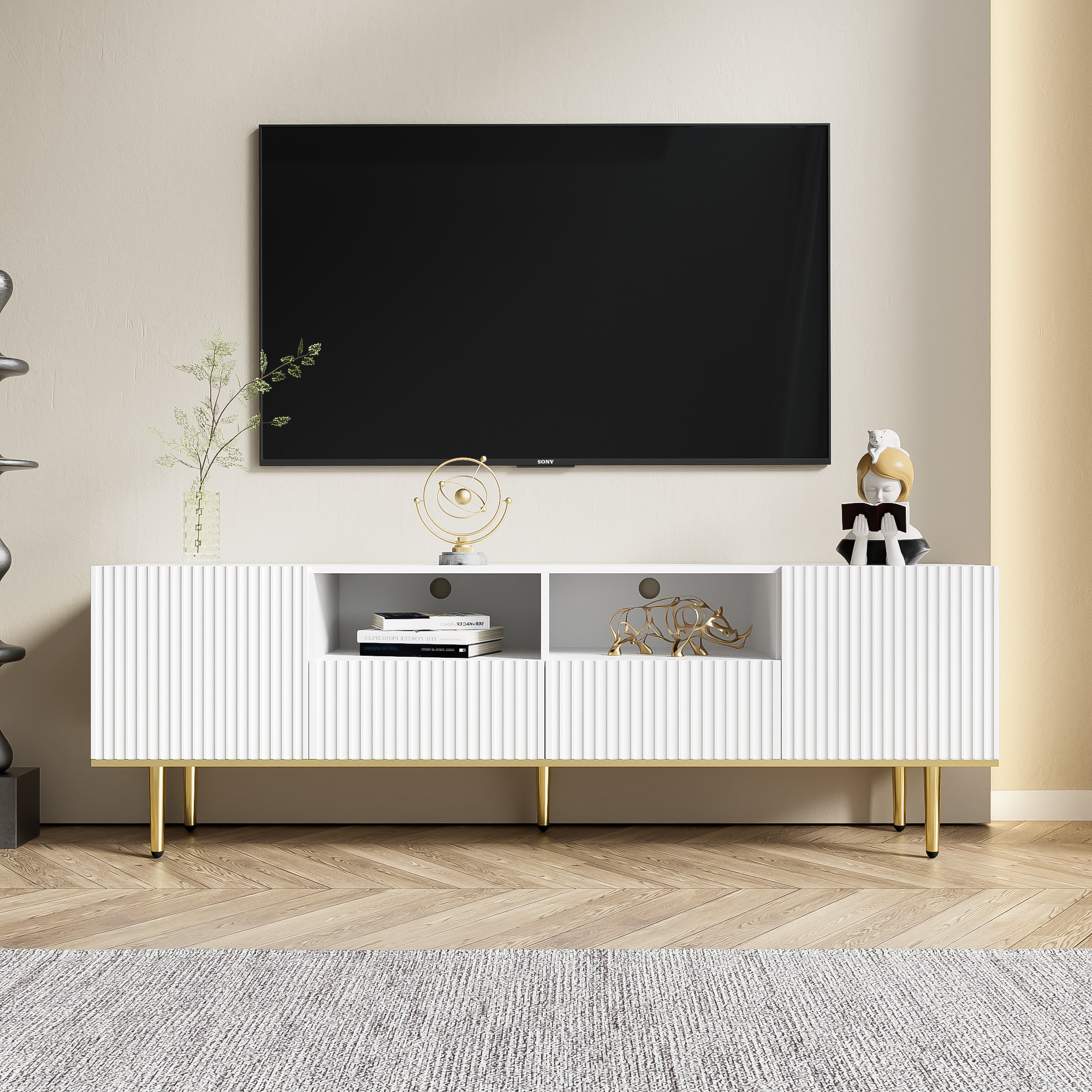 TV Cabinet, Modern with Gold Legs and Trim, Gold