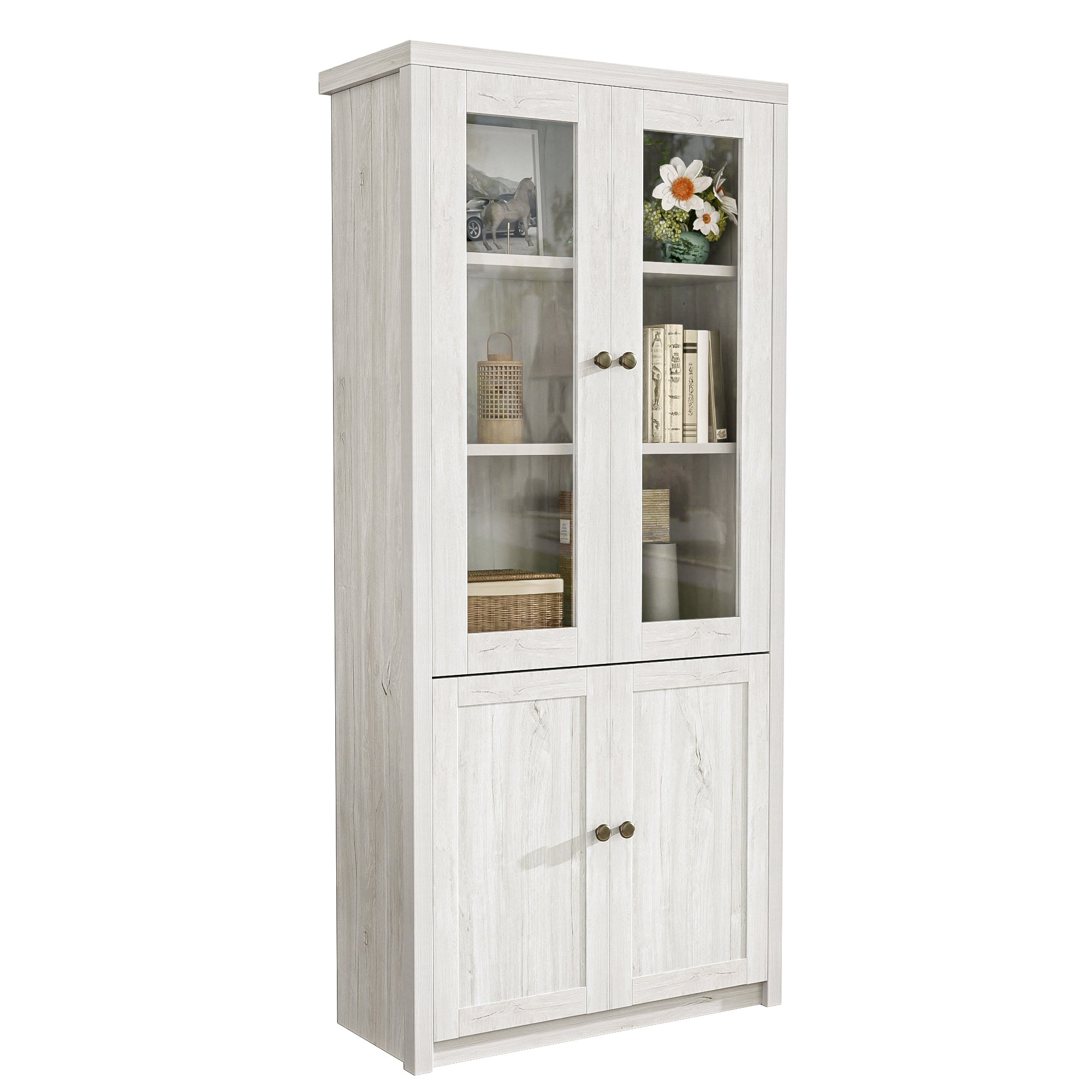 Tall Cabinet, Glass & Wood Doors, Copper Handles, Wood Look