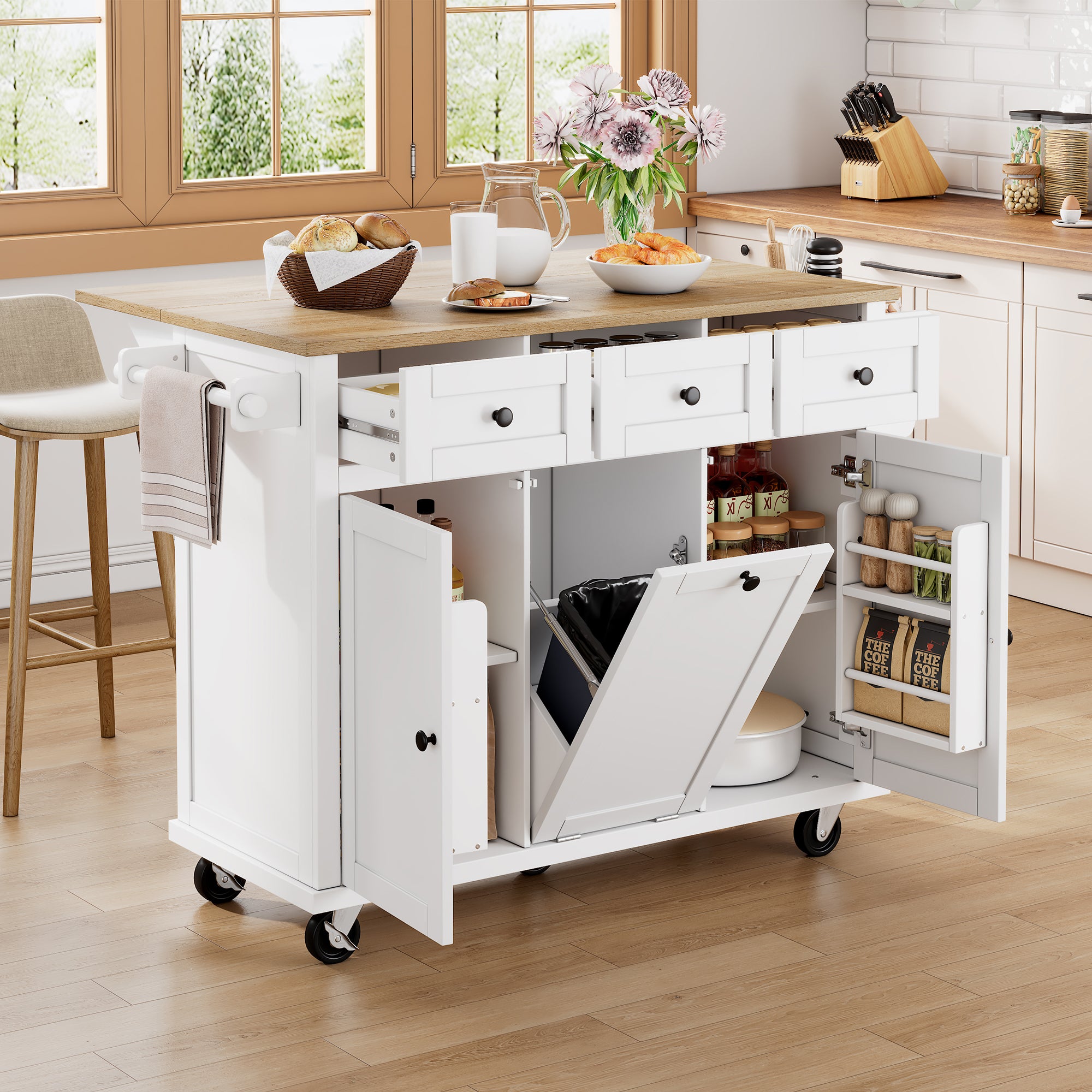 Mobile Kitchen Island Extendable Dining Area with Waste Bin & Drawers, White