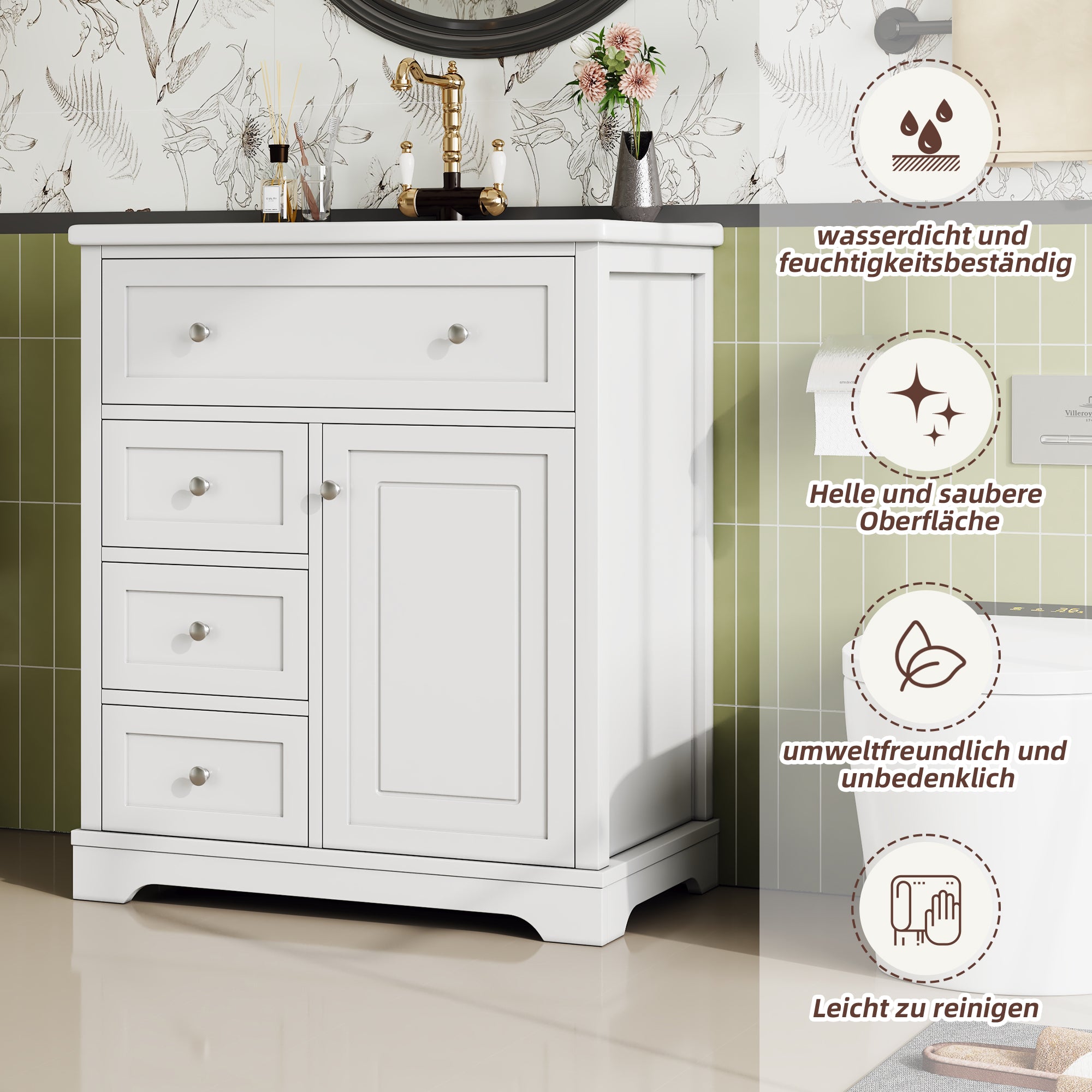 Bathroom Vanity Unit with Ceramic Sink and Drop-down Drawer, White