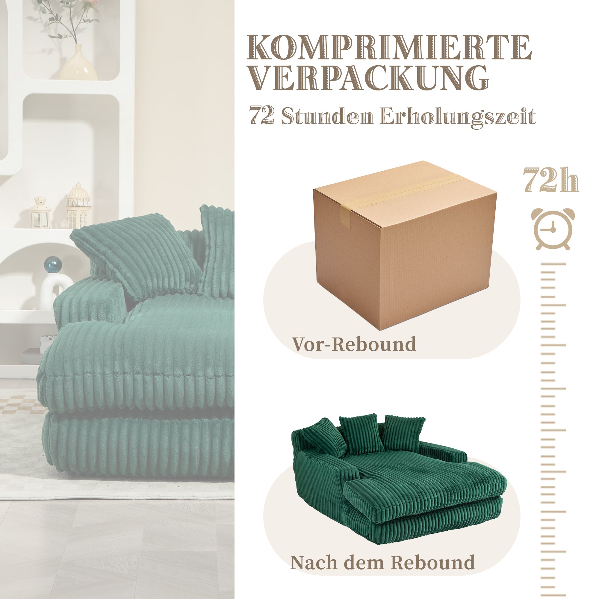 Sofa Bed, Cloud Couch with 3 Soft Pillows, Single Seat, Corduroy Emerald