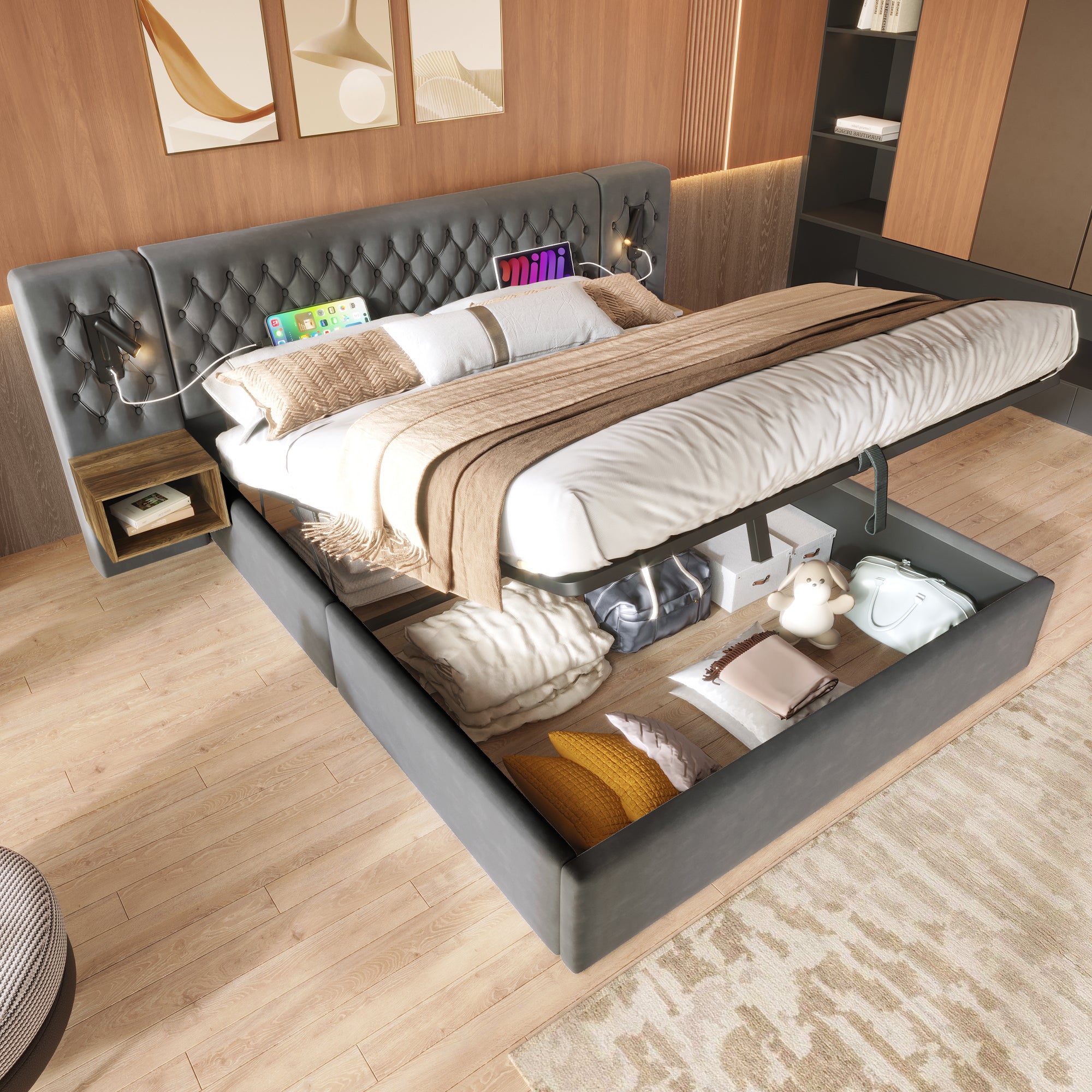 Bedroom Complete Set, Upholstered Hydraulic Storage Double Bed with 2 Bedside Tables, Reading Light, USB Charging, Gray Velvet