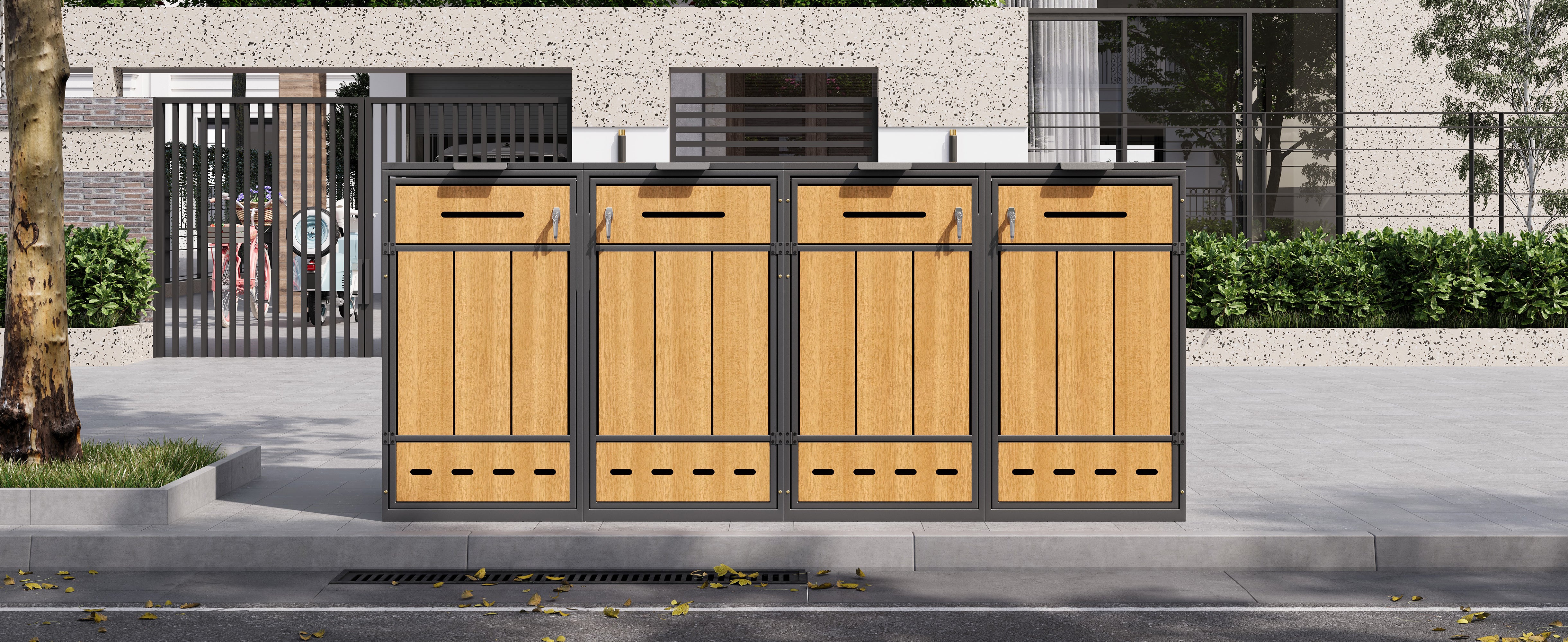 Bin Storage Unit for 4 Trash Cans, Lockable with Ventilation, Steel