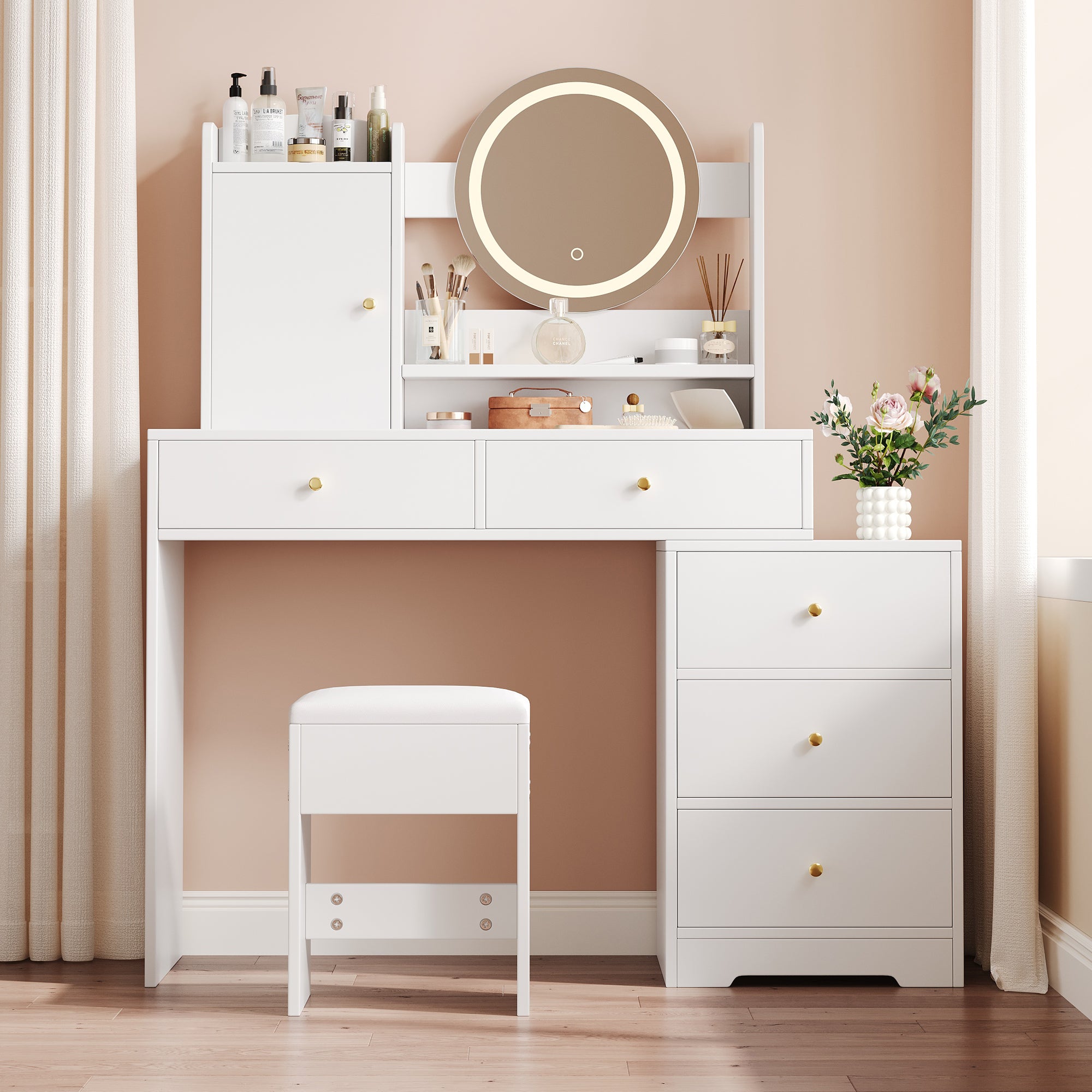 Dressing Table with Dimmable LED Lighting, Integrated Outlets, Mirror, Stool, 5 Drawers, Door Compartment, White