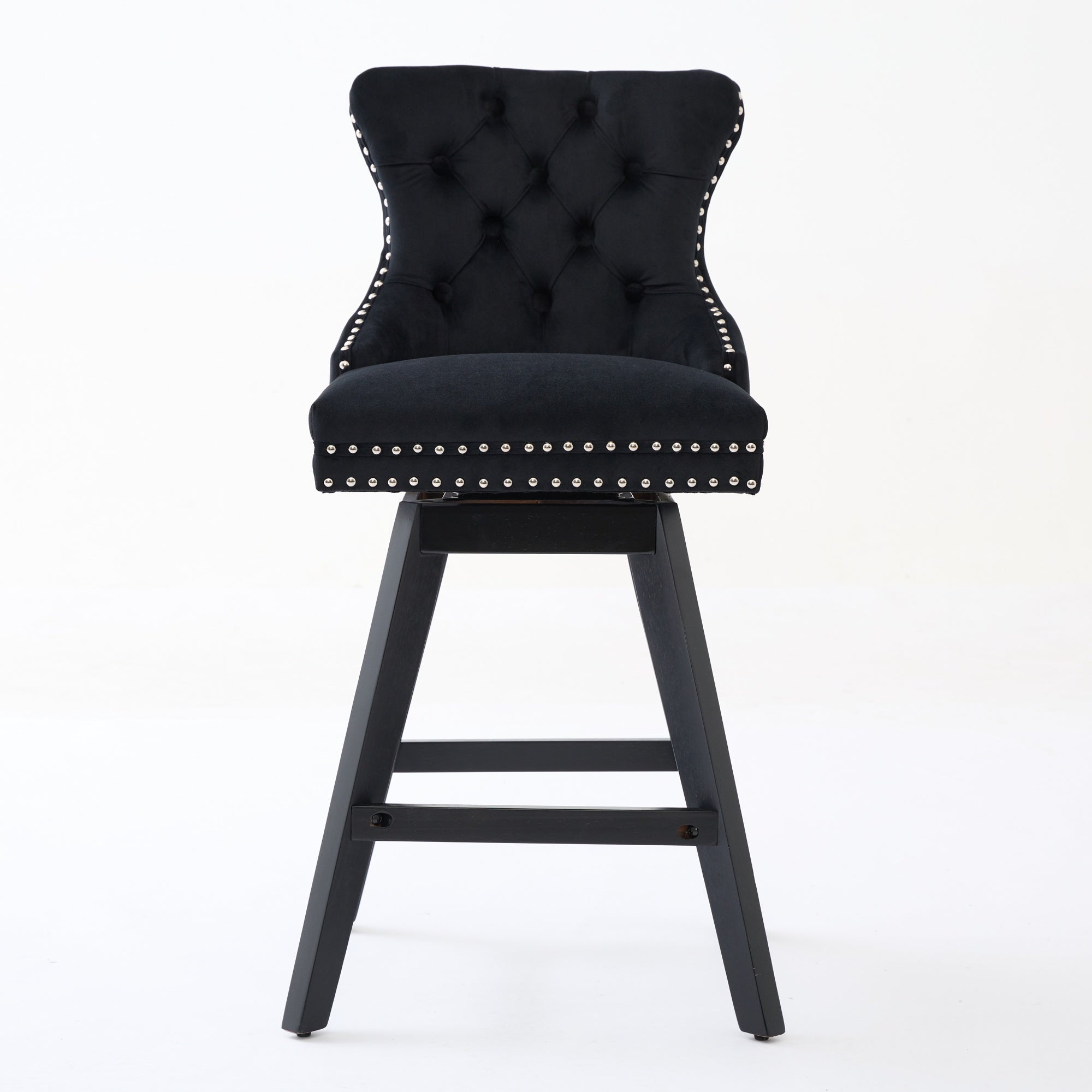Swivel Velvet Barstools Button Tufted Wooden Legs Set of 2 - Black