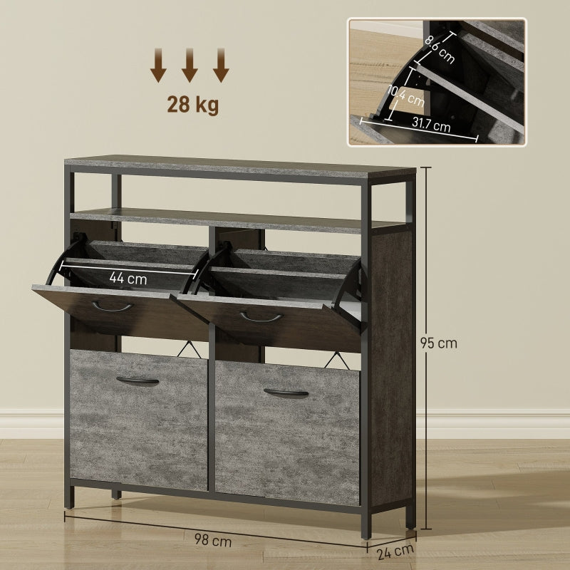 Shoe Storage Cabinet, 4 Flip Drawers Open Shelf, Cement Grey