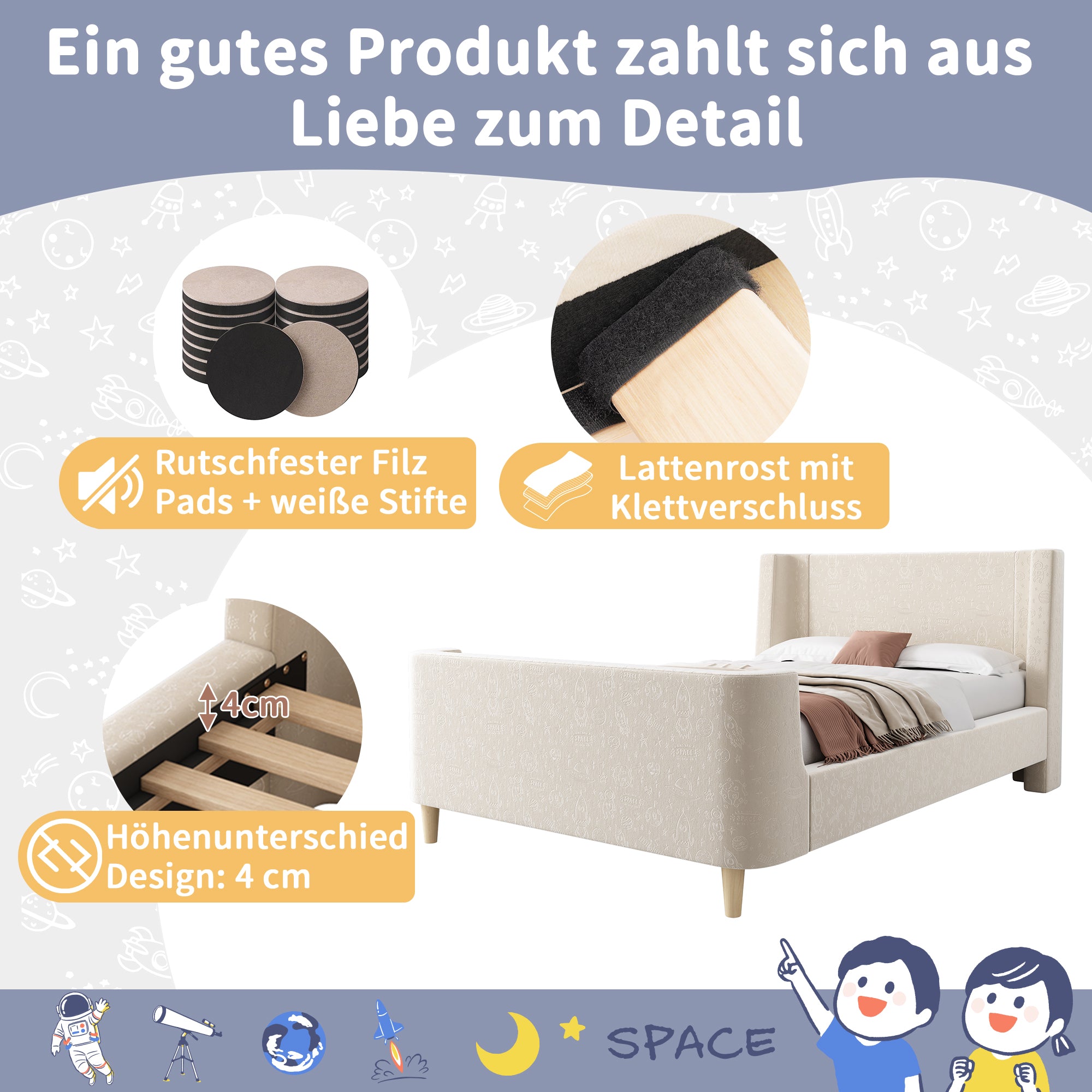 Upholstered Children's Bed, Single Sleigh with Cosmic Pattern, Beige Velvet