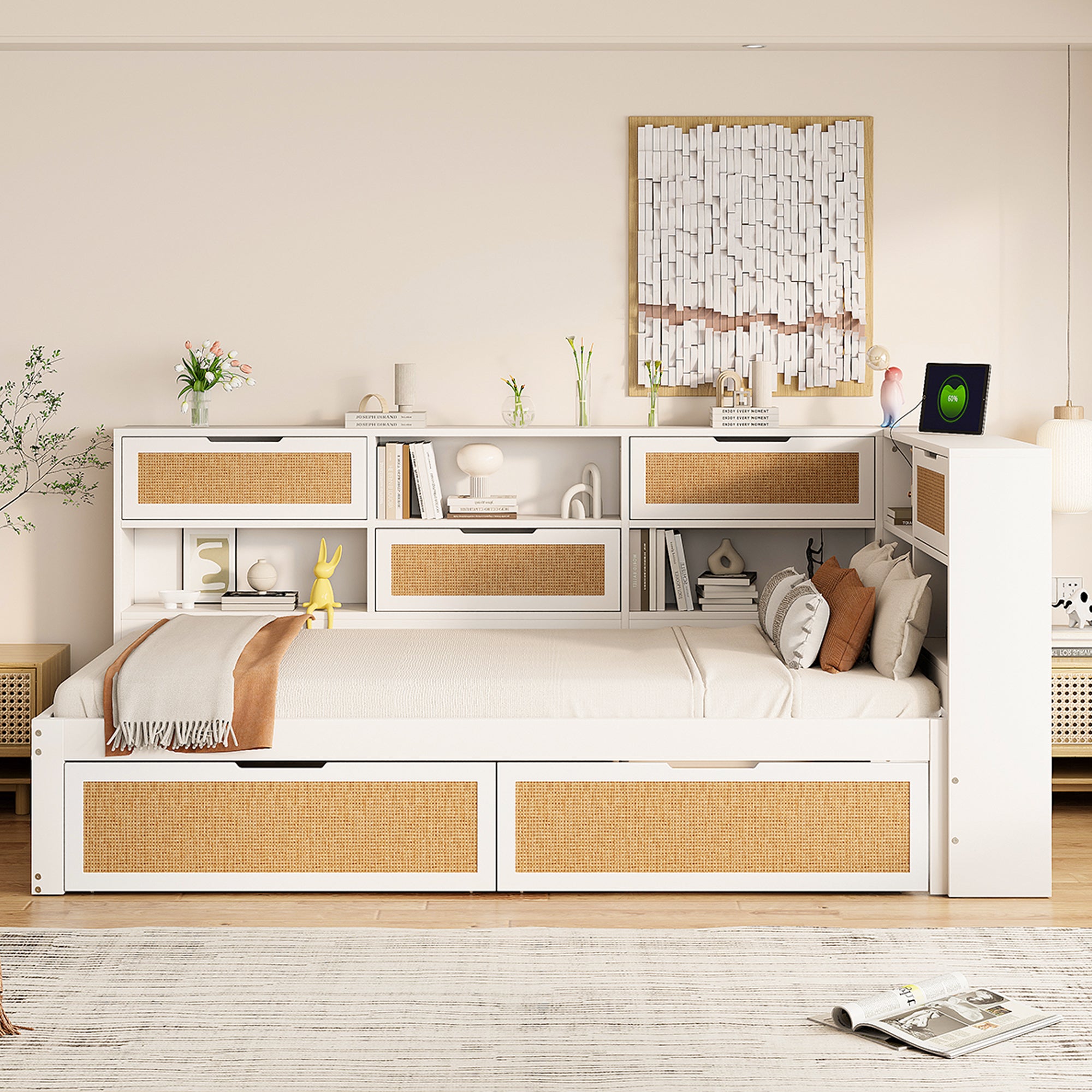 Sofa Bed, 90x200cm Multifunctional Single Bed with Drawer & Charging Port, White Solid Wood