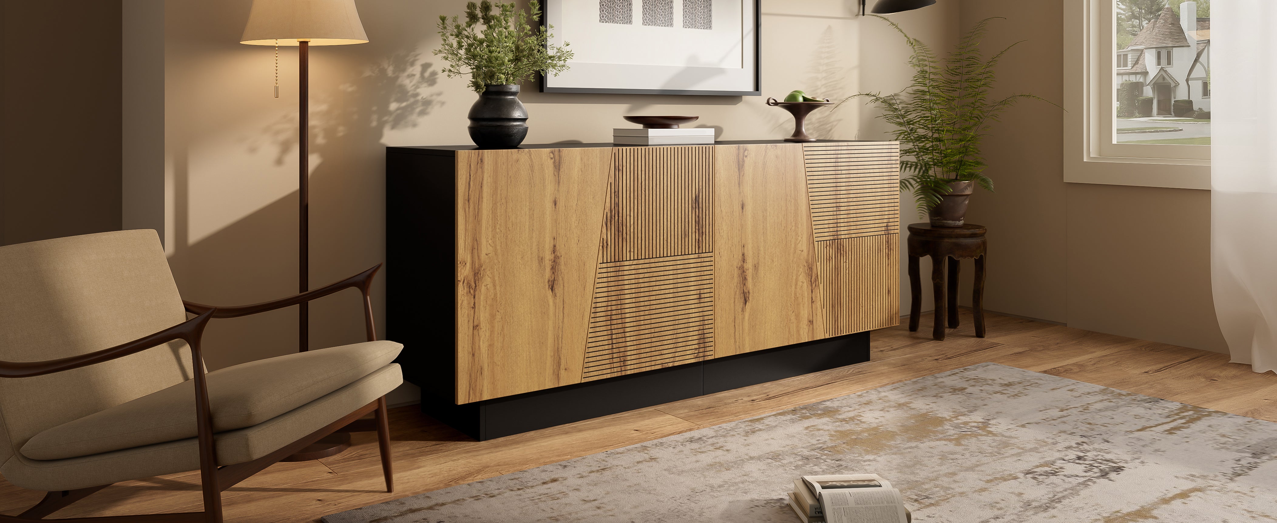 Sideboard 160cm Ample Storage Geometric Design Adjustable Shelf Black/Wood Particleboard