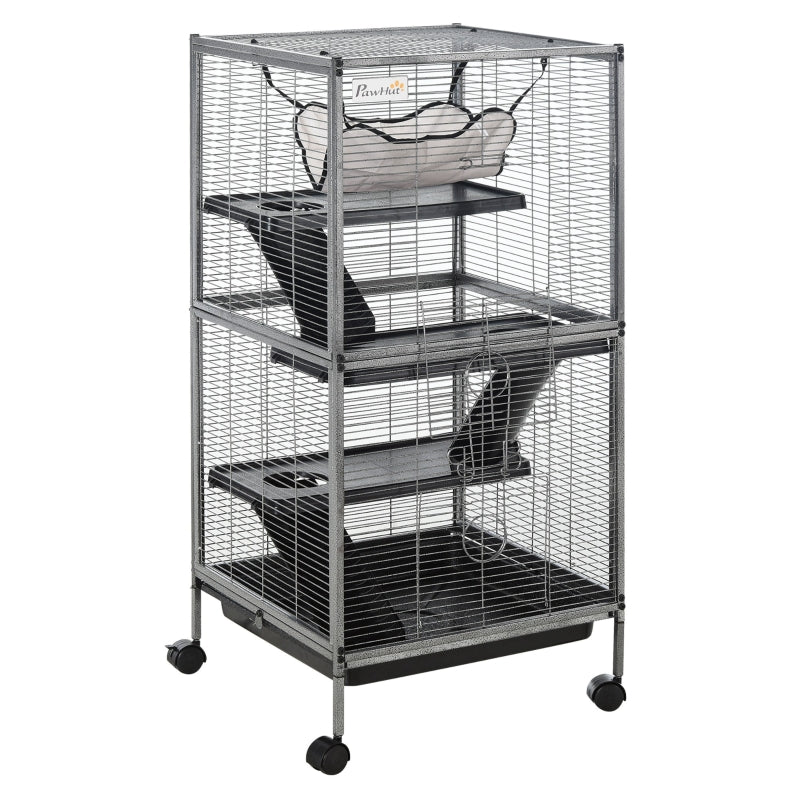 Small Animal Cage with Wheels, Hammock, 4 Platforms, Removable Tray, Silver