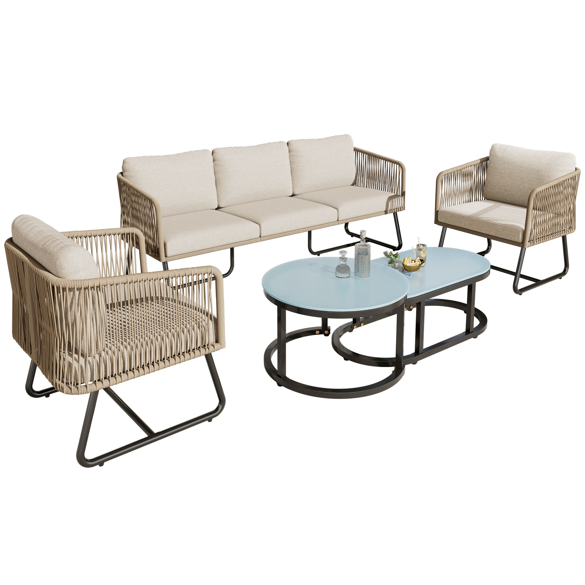 Garden Lounge Set 5-Piece Rope Galvanized Iron Frame Glass Tabletop - Beige