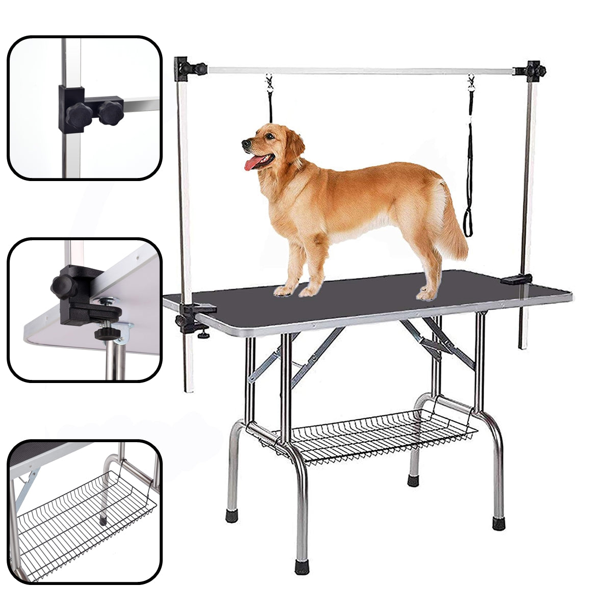 Professional Foldable Dog Grooming Table, Adjustable Arm Heavy-Duty 117cm, Black