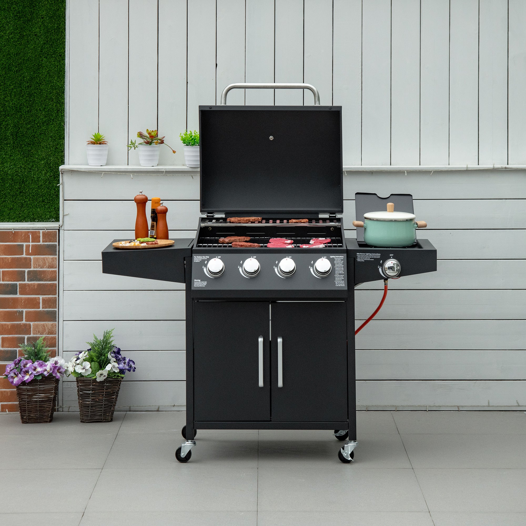 Gas BBQ Grill, 3 Burners 3kW Mobile Cart Side Tables, Metal