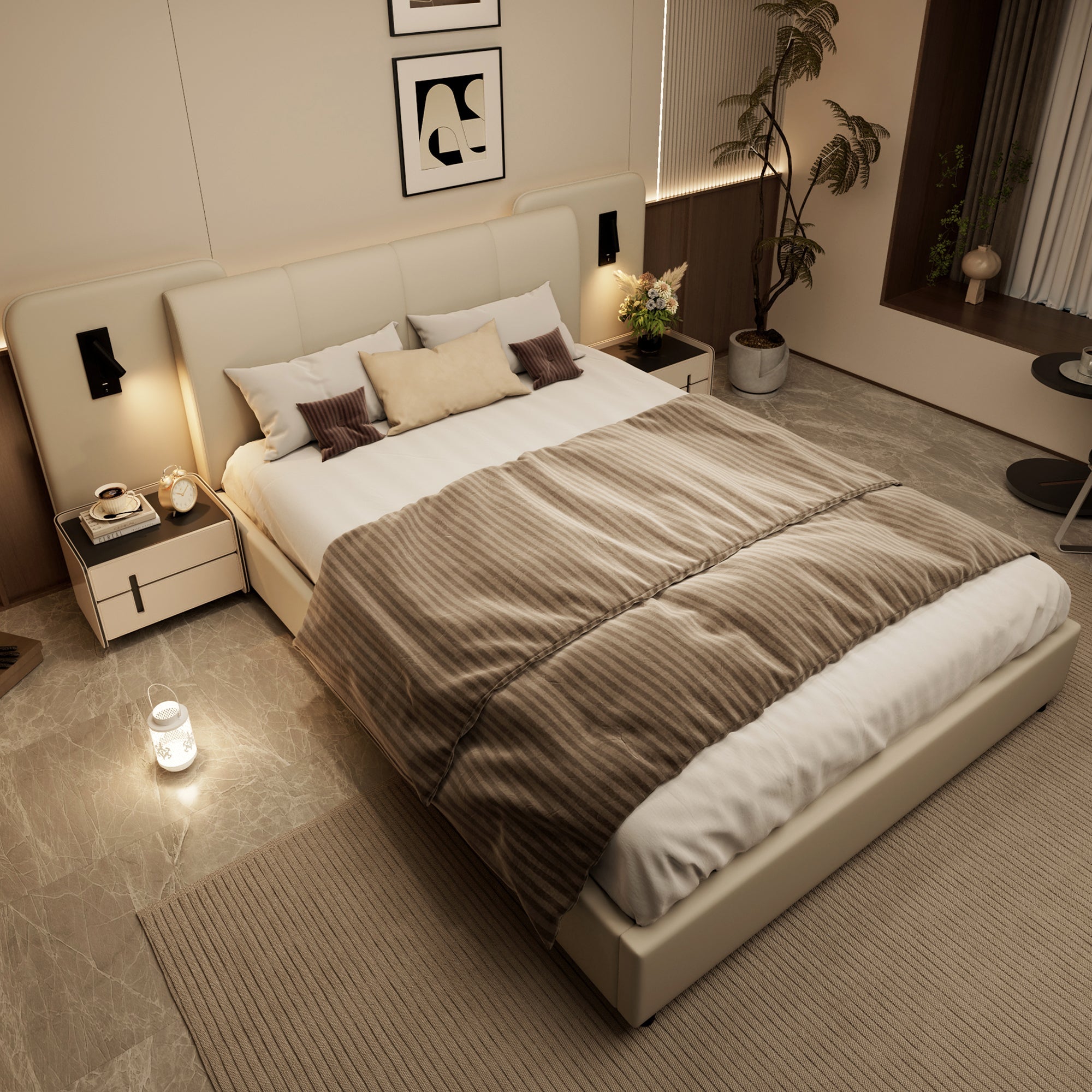 Upholstered Bed with Charging Port and Lighting, 4ft6 Double 135x190cm, Soft Sponge Headboard Backrest, Anti-collision Sponge Filling, PU + Plywood, Beige