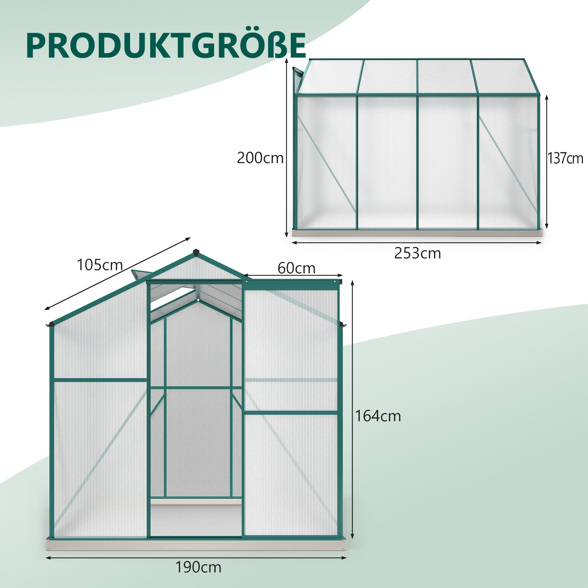 Aluminum Greenhouse 4.75 m² 190 × 253 cm with Foundation, 1 Roof Window & Sliding Door, Aluminum