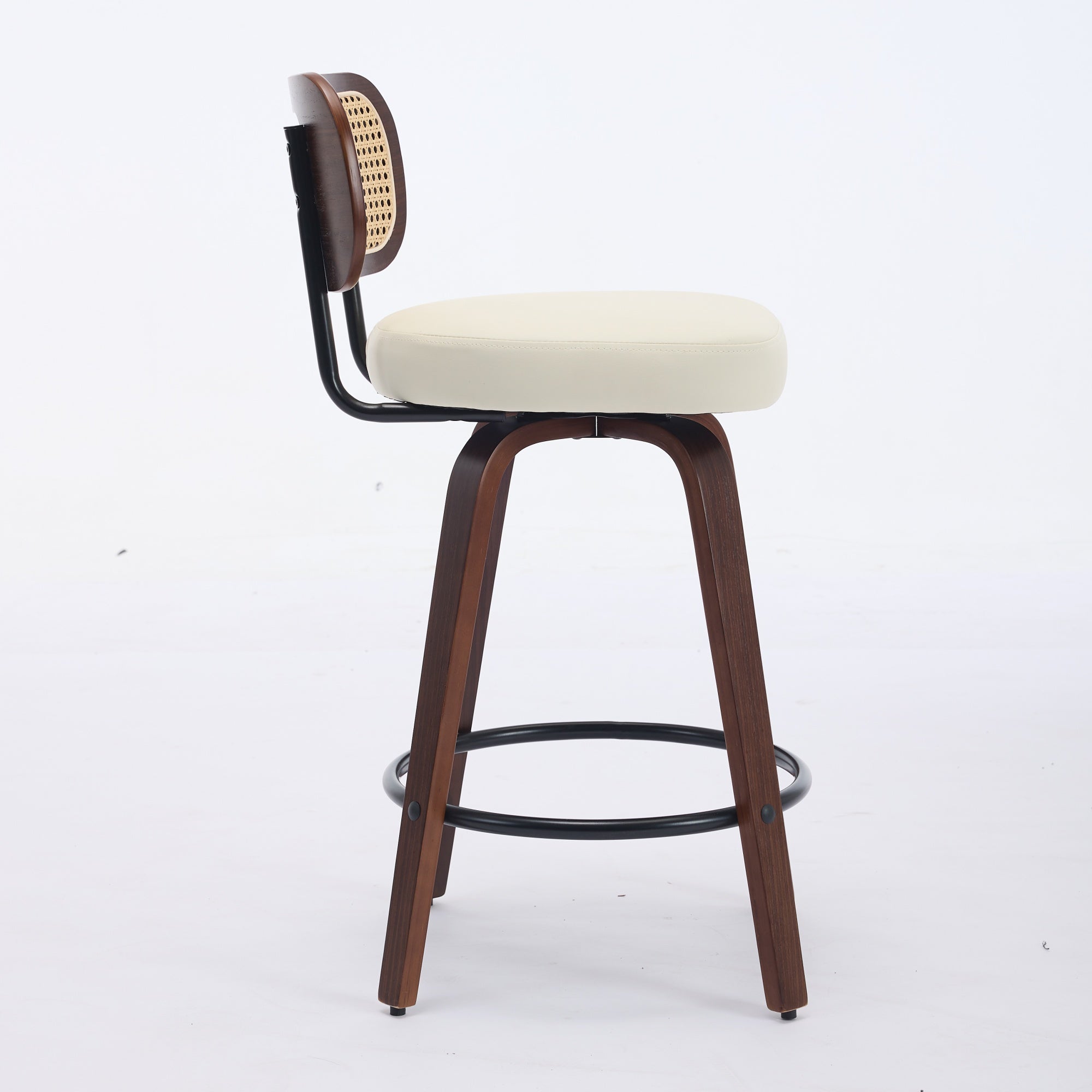 Set of 3 Swivel Bar Stools with Rattan Cane Back and Upholstered Seat, Walnut and Beige
