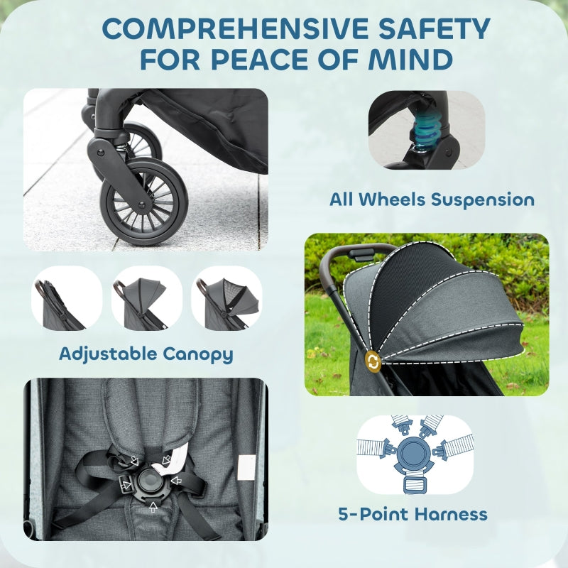 Foldable Baby Stroller Adjustable Seat 5-Point Harness Lightweight Dark Grey