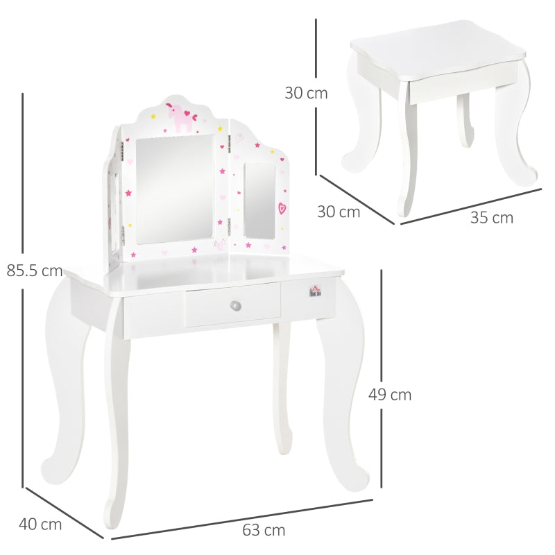 Kids Vanity Table and Chair Set, Tri-Folding Mirror Stool Drawer, White