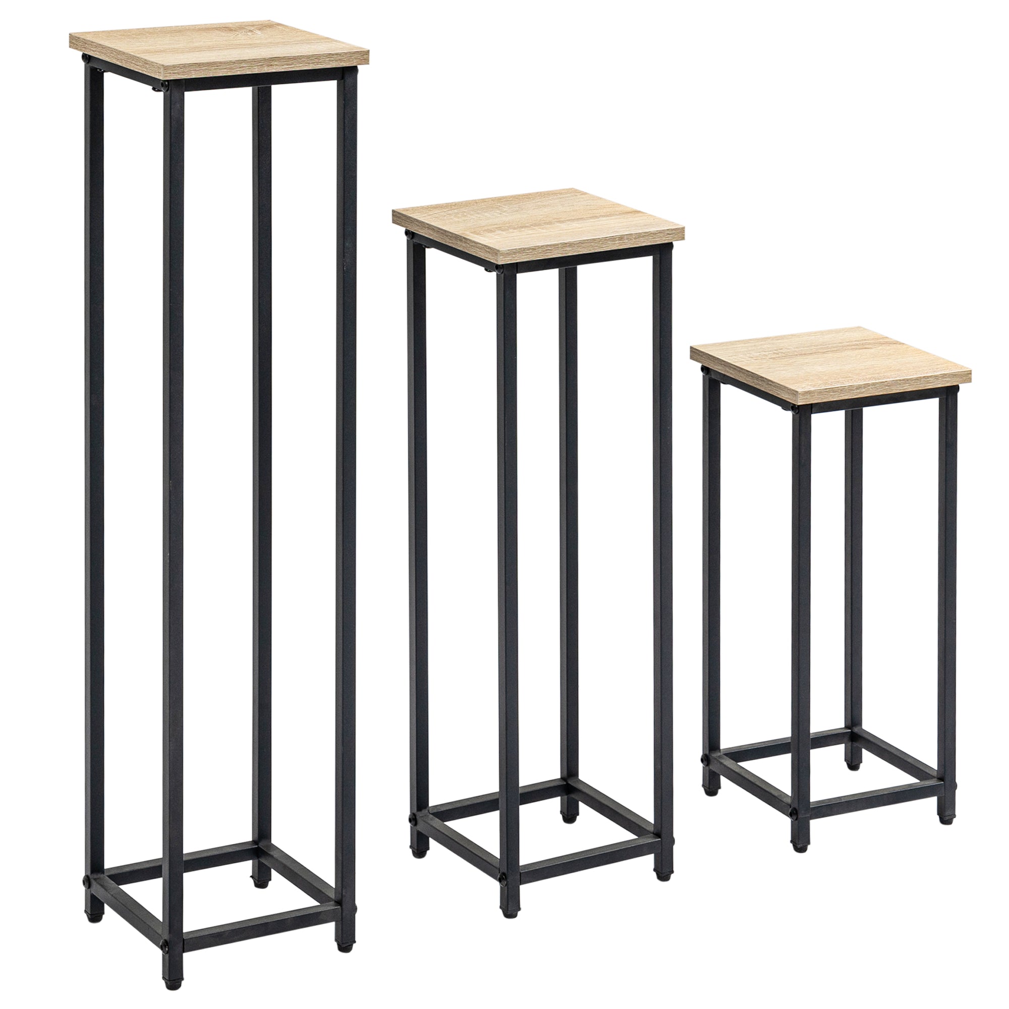 Plant Stand Set 3-piece Flower Stool & Flower Pot Holder Steel Black and Natural