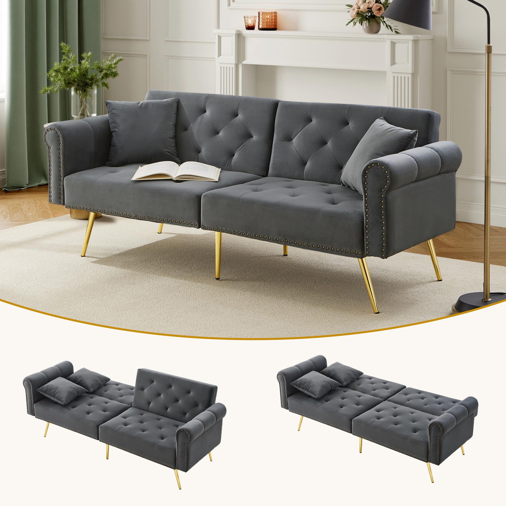 Modern 2-Seater Sofa Bed, 3-Stage Adjustable Backrest Sleeping Function, Velvet Upholstery