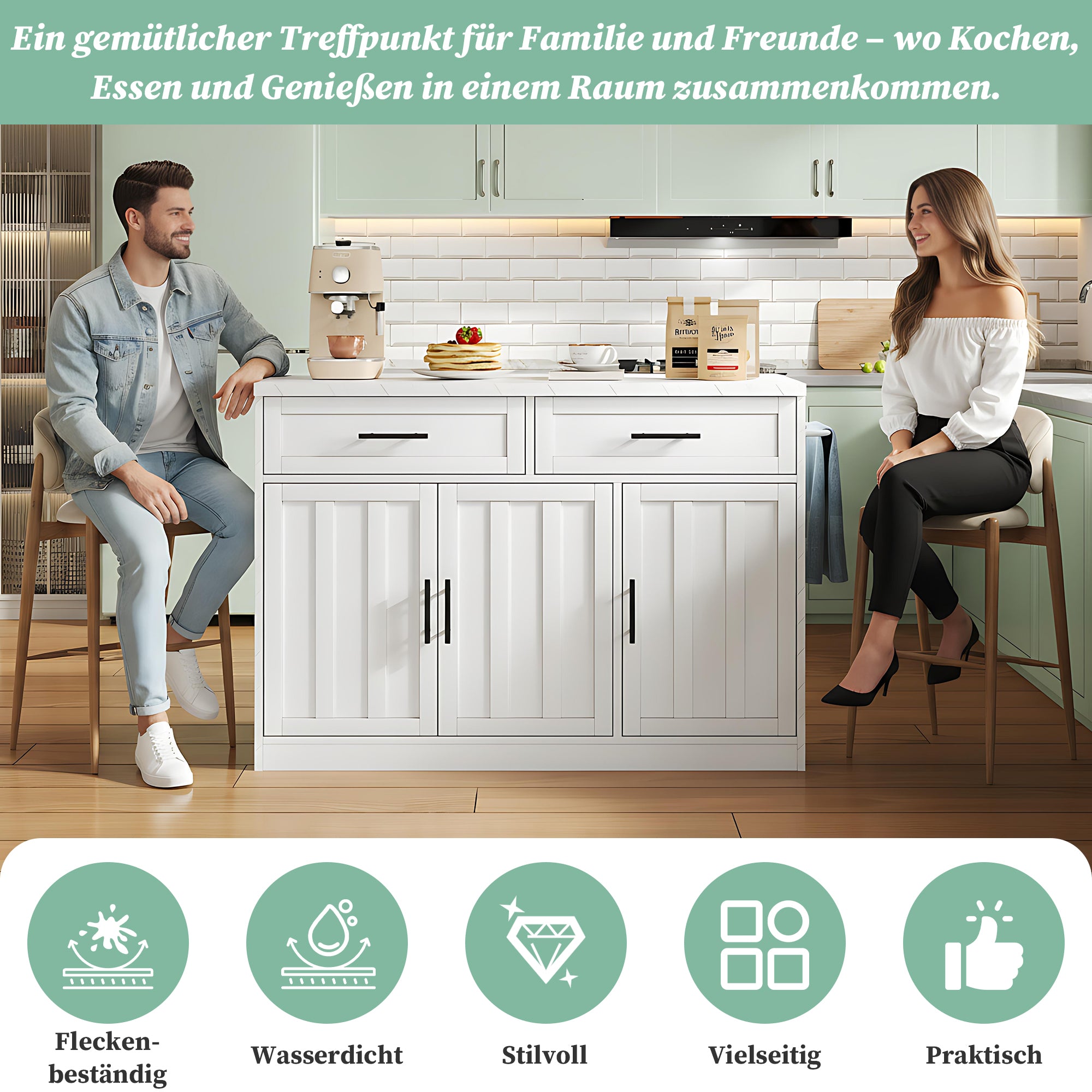 Kitchen Island with Power Outlets USB Adjustable Shelves, White