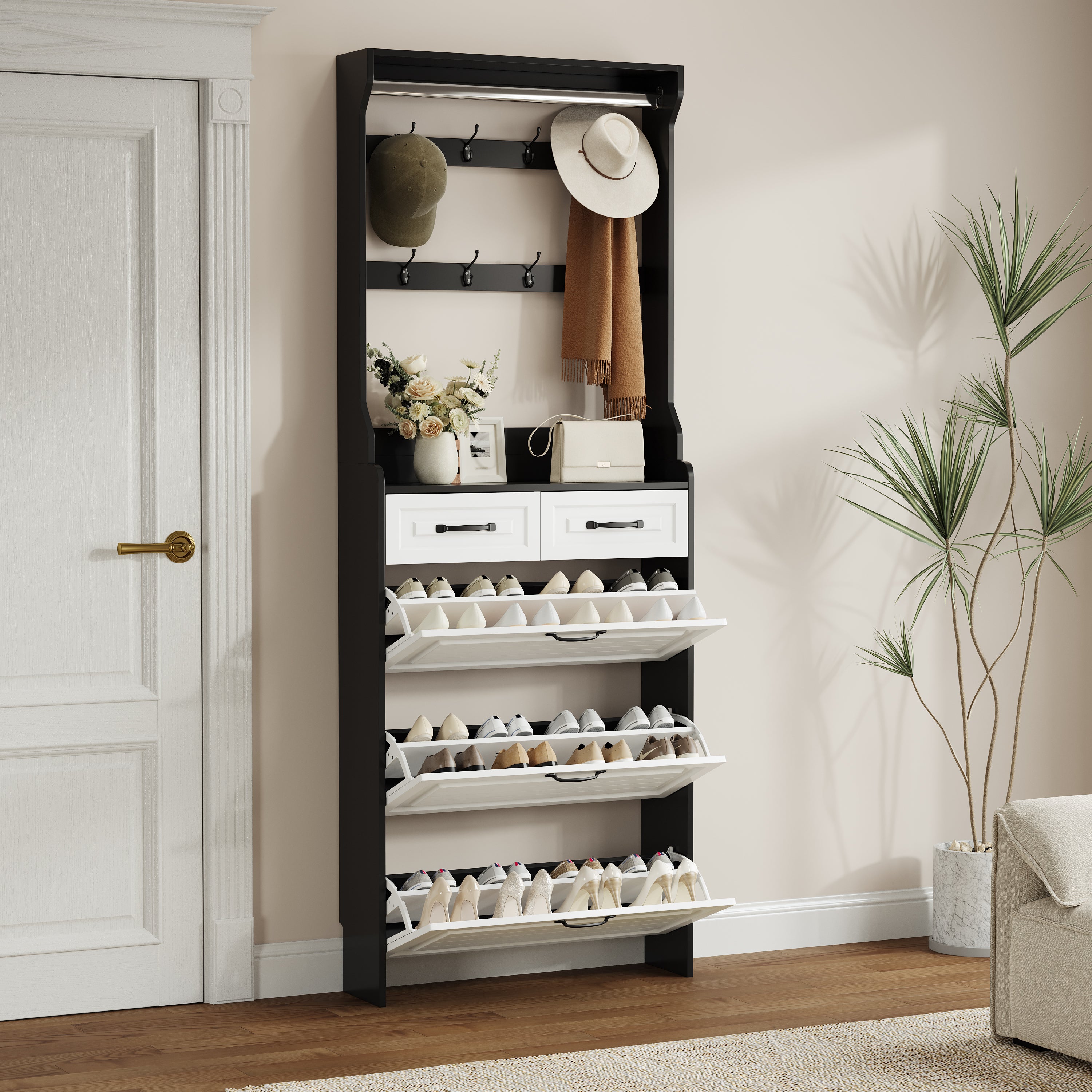 Shoe Cabinet with Hanger, 3 Doors and 2 Drawers, Black