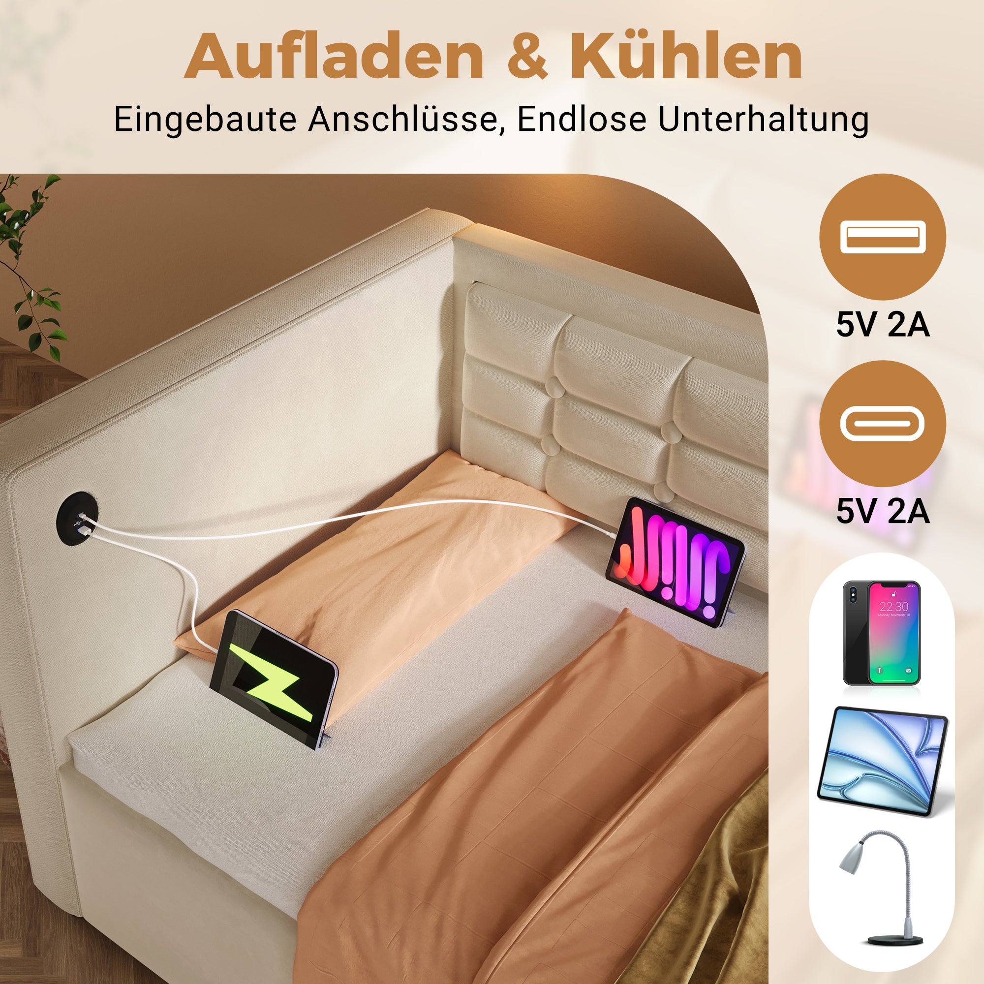 Sofa Bed 90x200cm, Single with Hydraulic Storage & USB/Type-C Charging, Beige Velvet