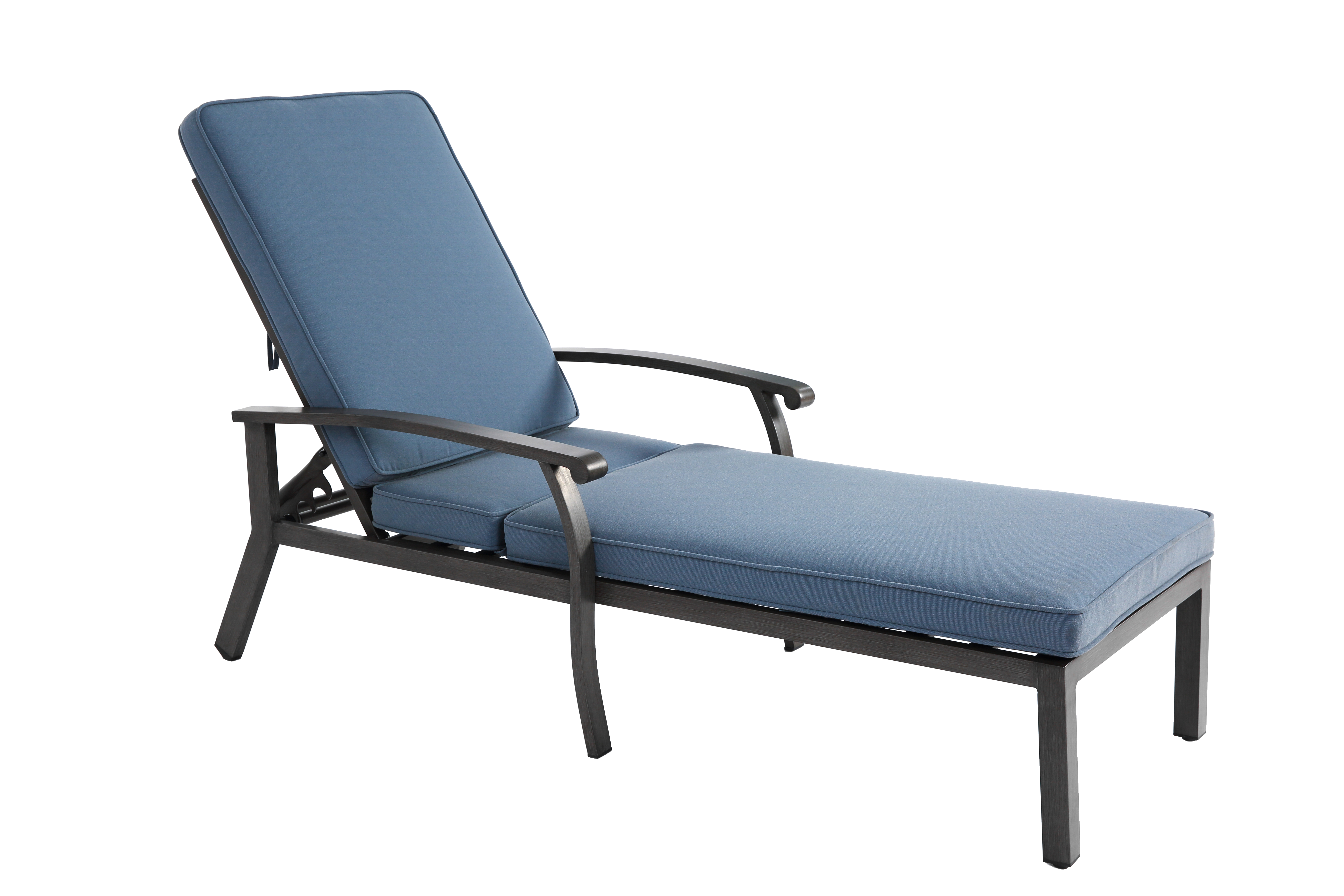 Lounge Patio Chair, Adjustable Reclining Rustproof Aluminum, Waterproof Blue Cushion