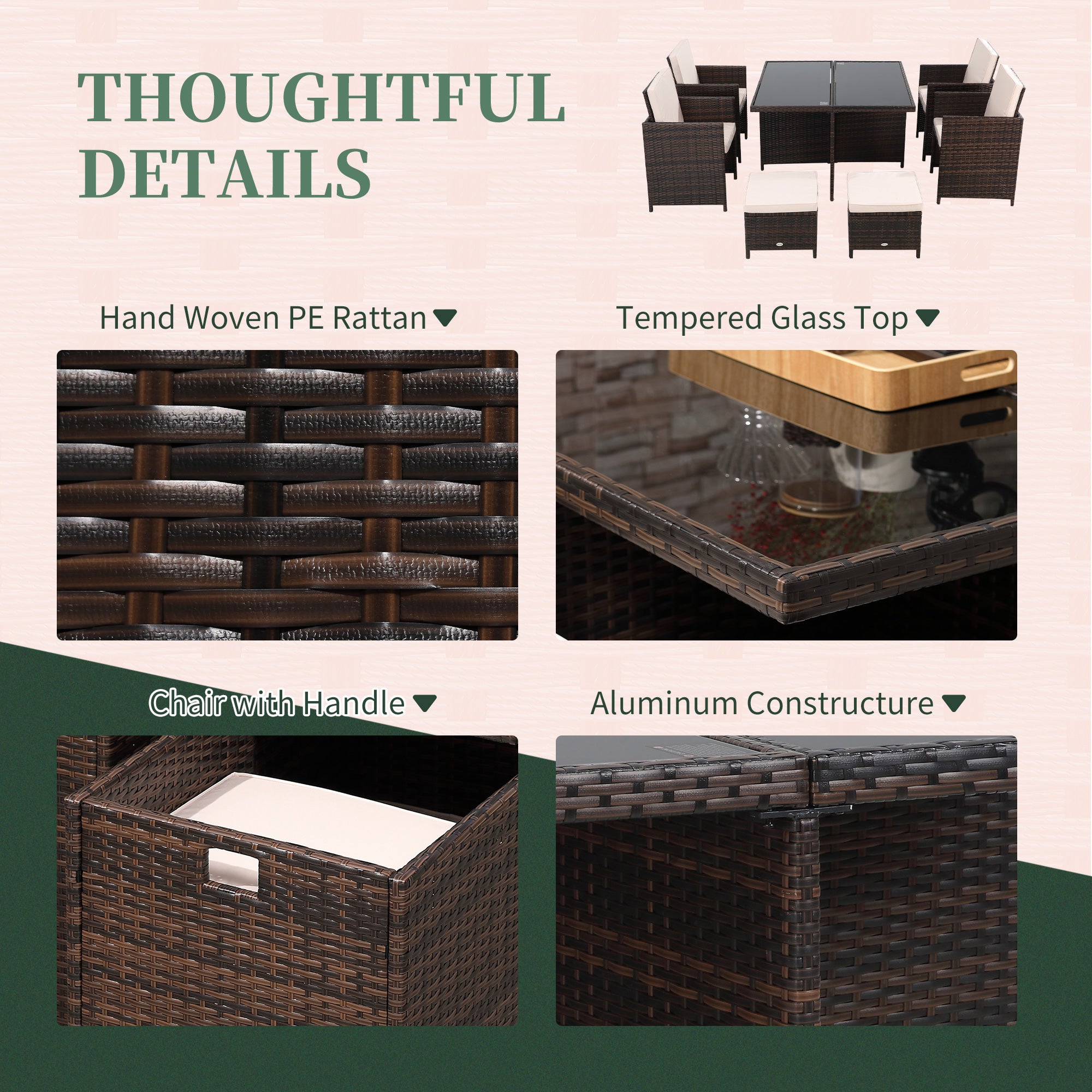 Rattan Cube Garden Furniture Set, 8 Seater Dining Set with Square Glass Top Table, Brown Rattan