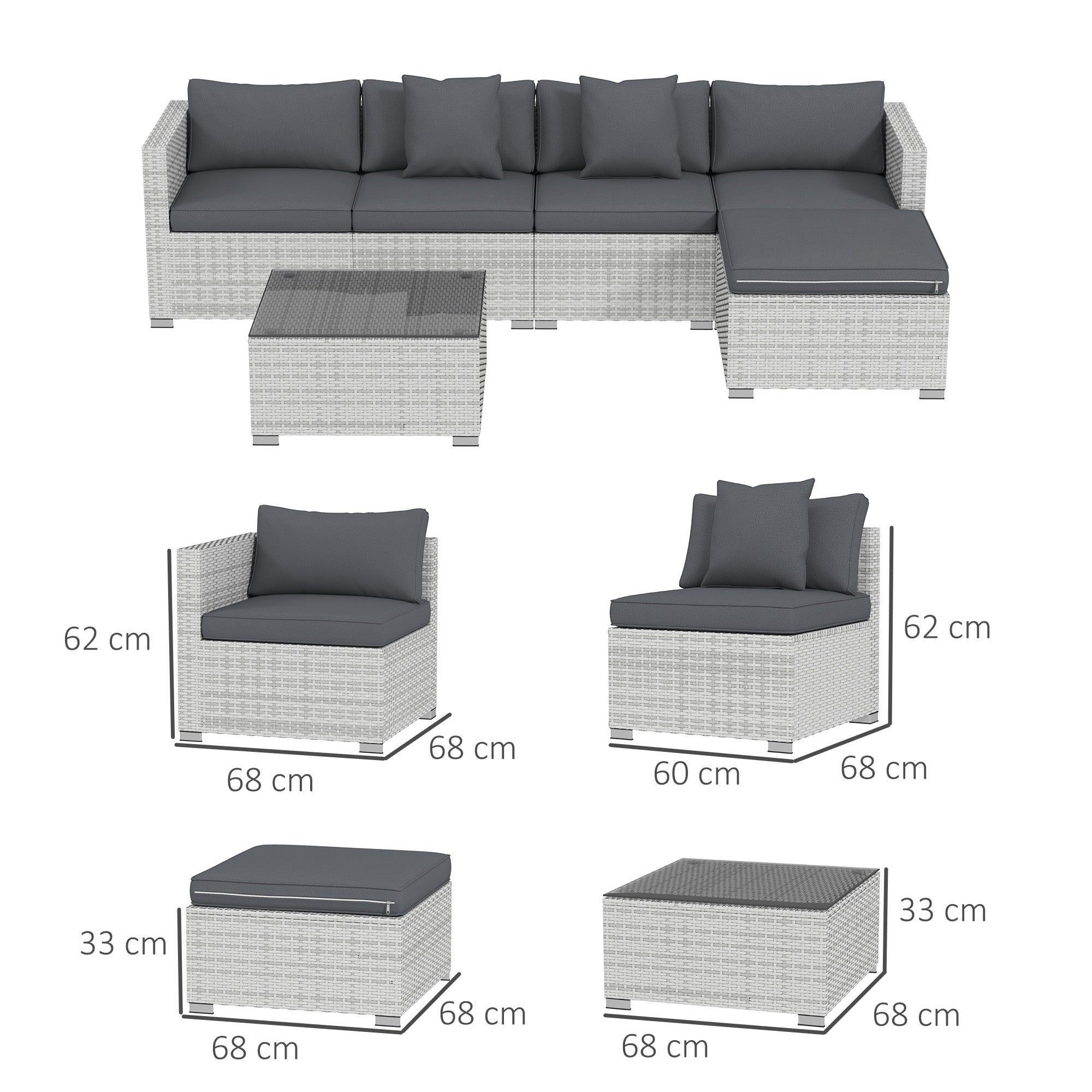 6 Piece Corner Sofa Set, Modular Garden Furniture, Mixed Grey Rattan