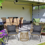 3 Pieces Rattan Bistro Set, Wicker Furniture with Cushions and Glass Top Table, Brown