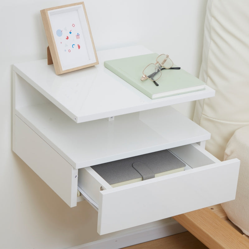 Set of Two Floating Bedside Tables High Gloss, White Engineered Wood