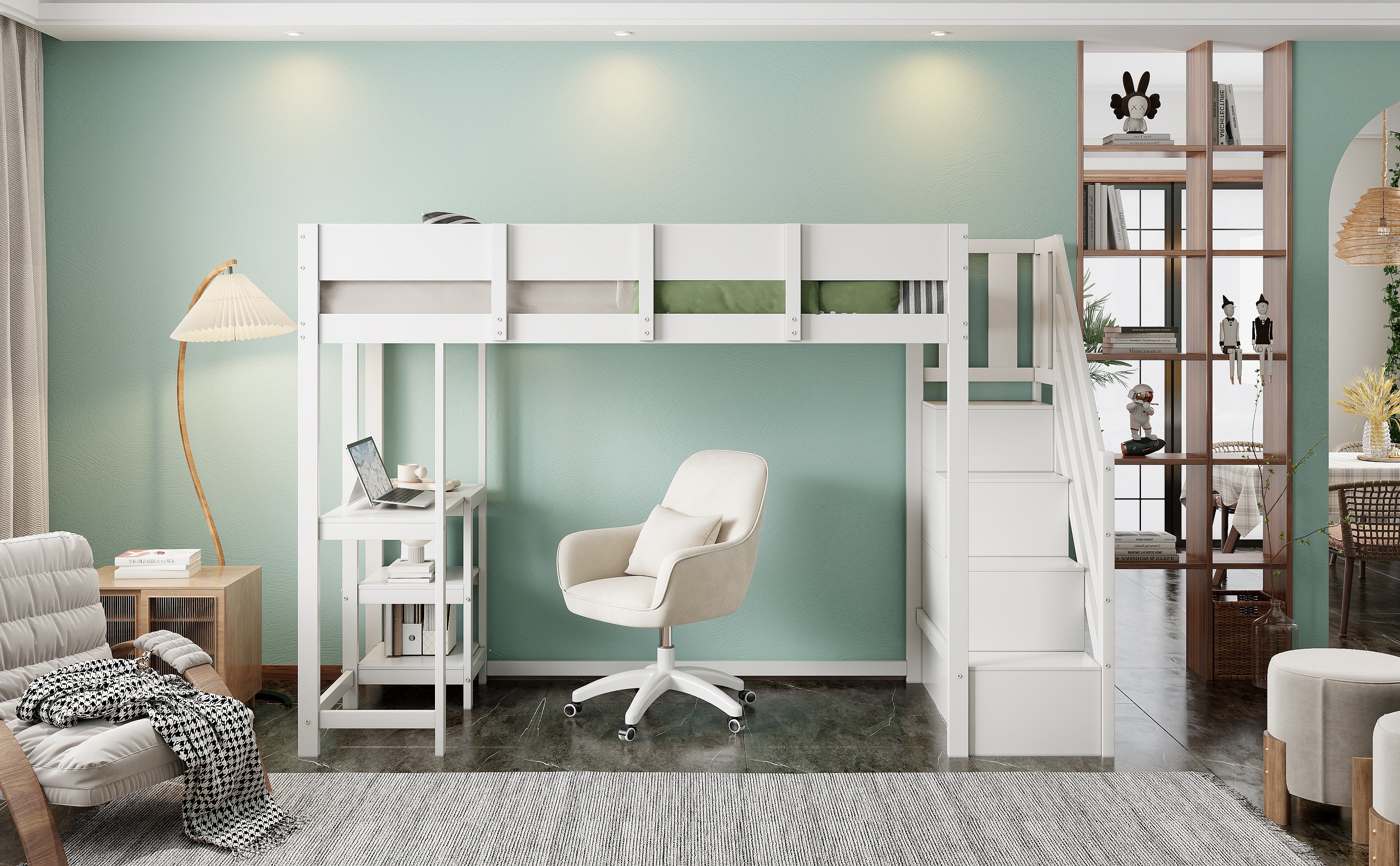 Bunk Bed, Multifunctional Loft with Storage & Shelf, Pine Wood, White